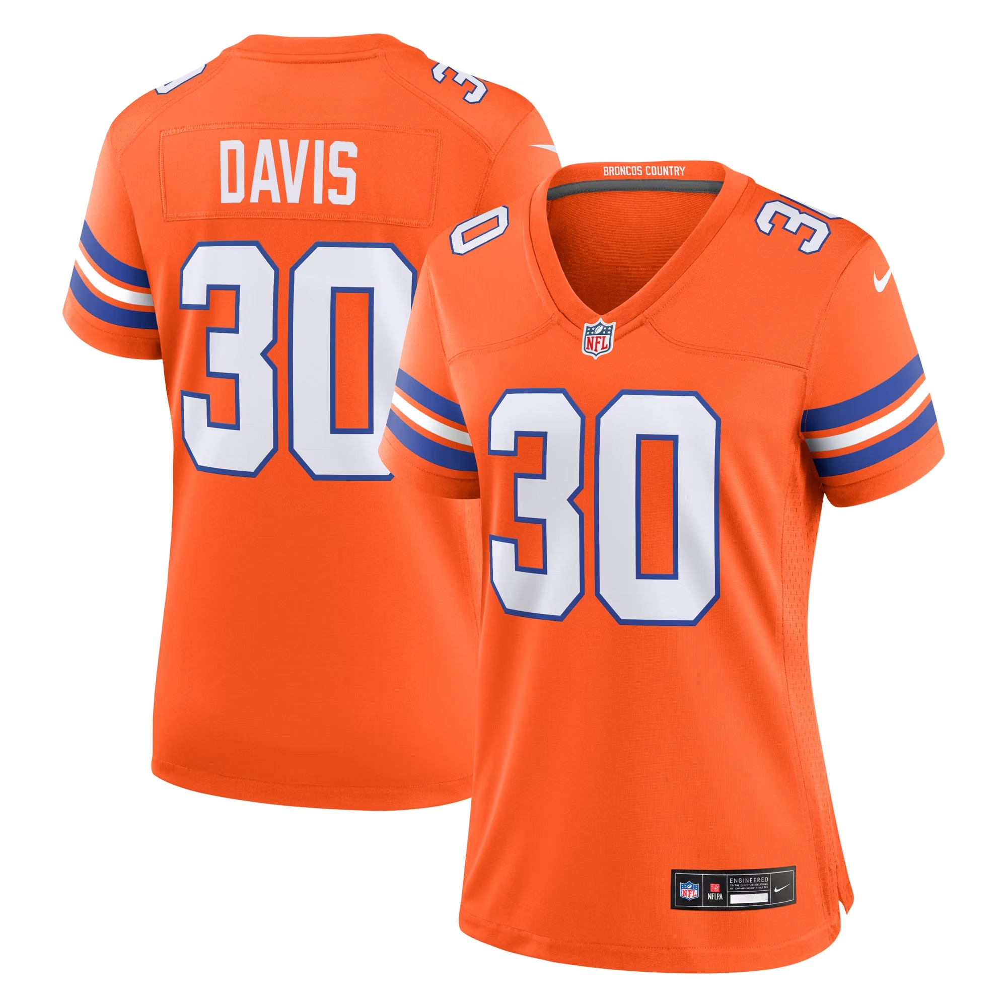 Hunk Wear - Terrell Davis Denver Broncos Nike Women's Mile High Collection 1977 Throwback Retired Player Game Jersey - Orange