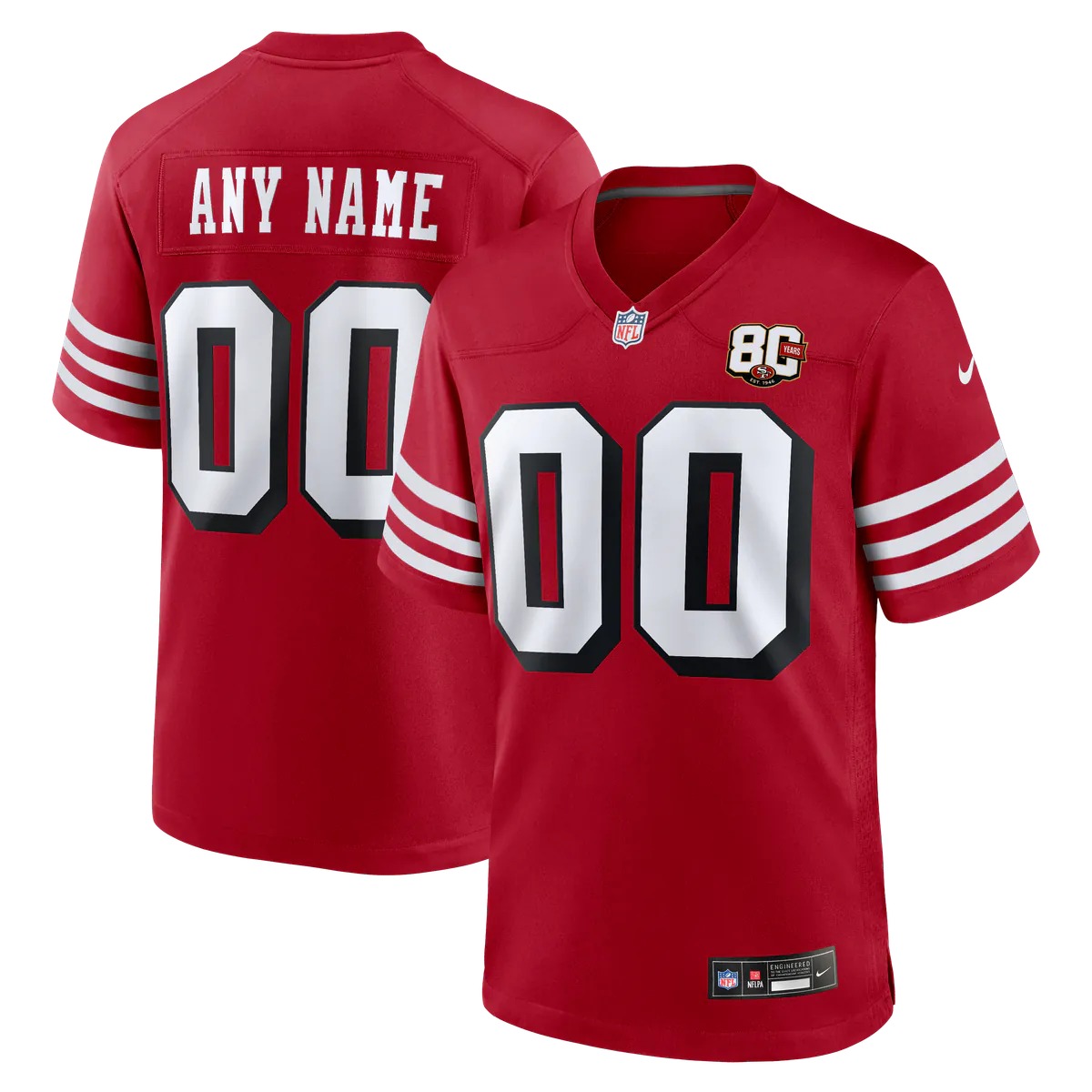 Hunk Wear - San Francisco 49ers Nike Youth 80th Anniversary Alternate Custom Game Jersey - Red