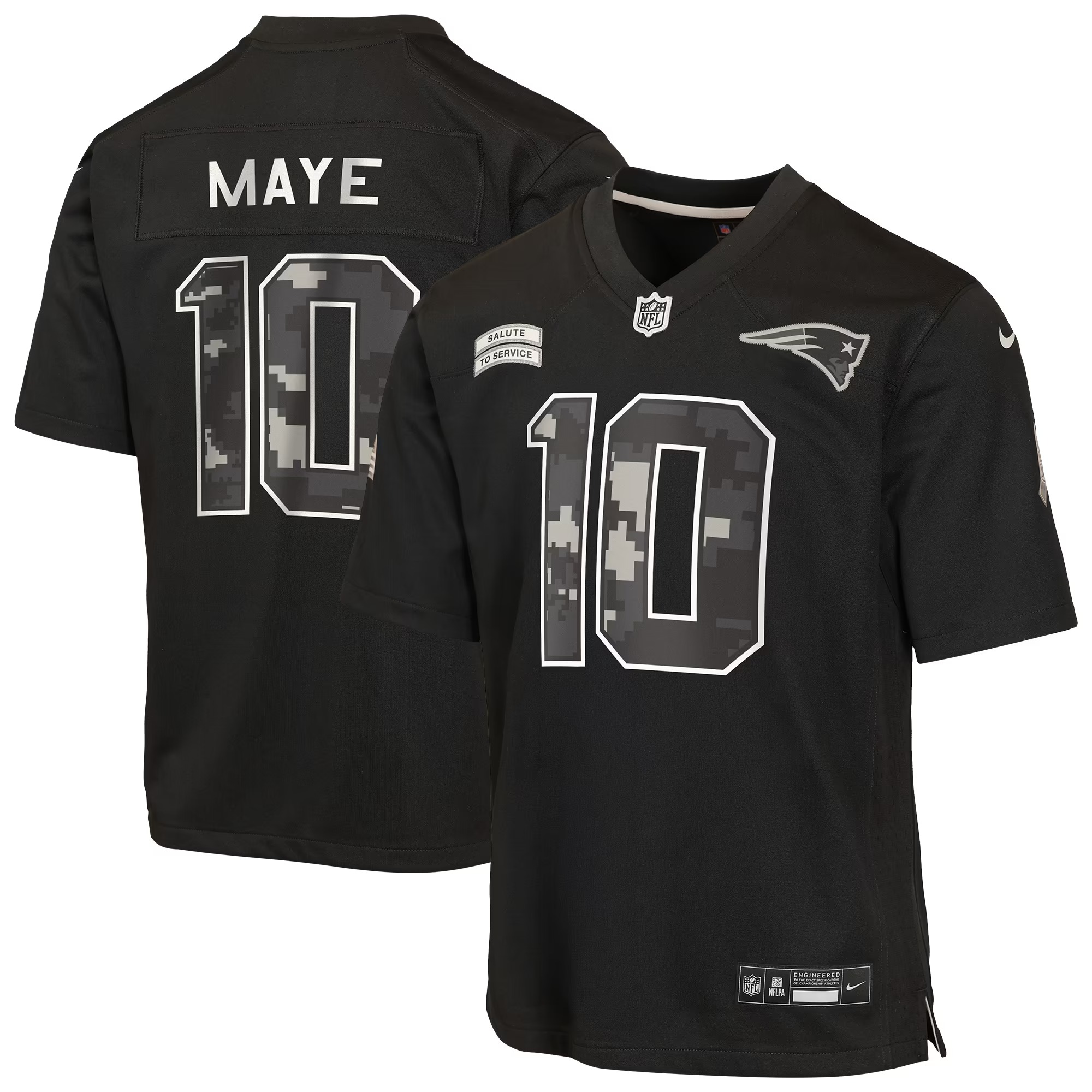 Hunk Wear - Drake Maye New England Patriots Nike Youth 2026 Salute to Service Game Jersey - Black