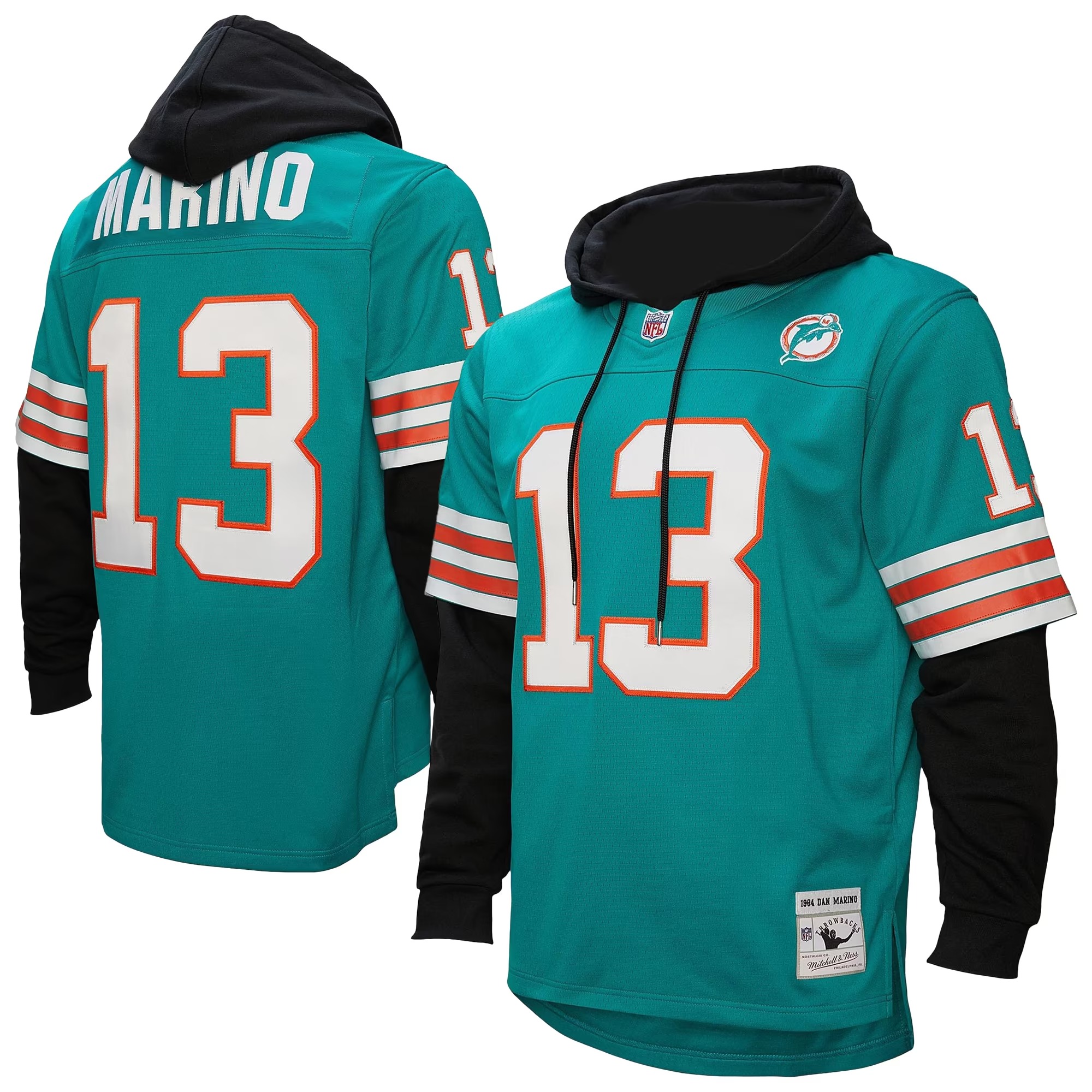 Hunk Wear - Dan Marino Miami Dolphins Mitchell & Ness Player Name & Number Hoodie Legacy Jersey - Aqua