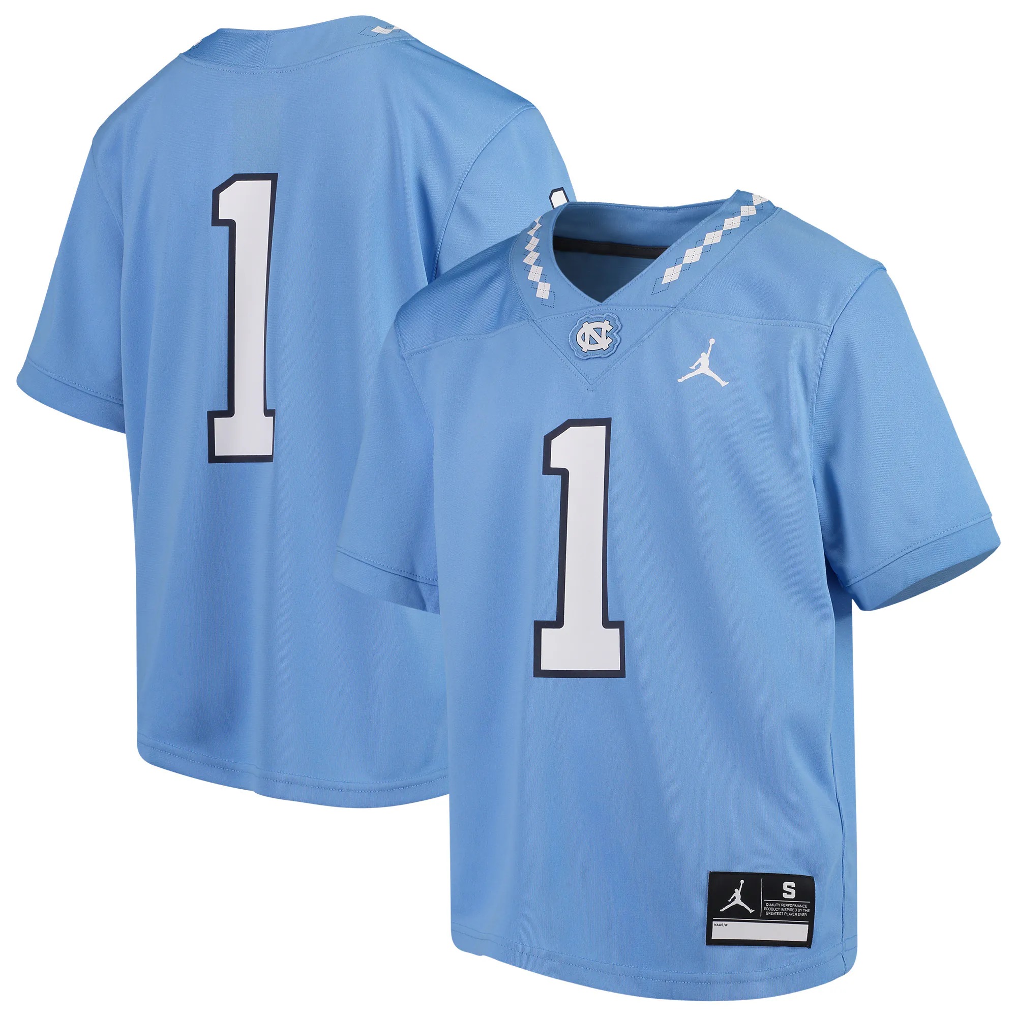 Hunk Wear - #1 North Carolina Tar Heels Jordan Brand Youth Team Replica Football Jersey - Carolina Blue
