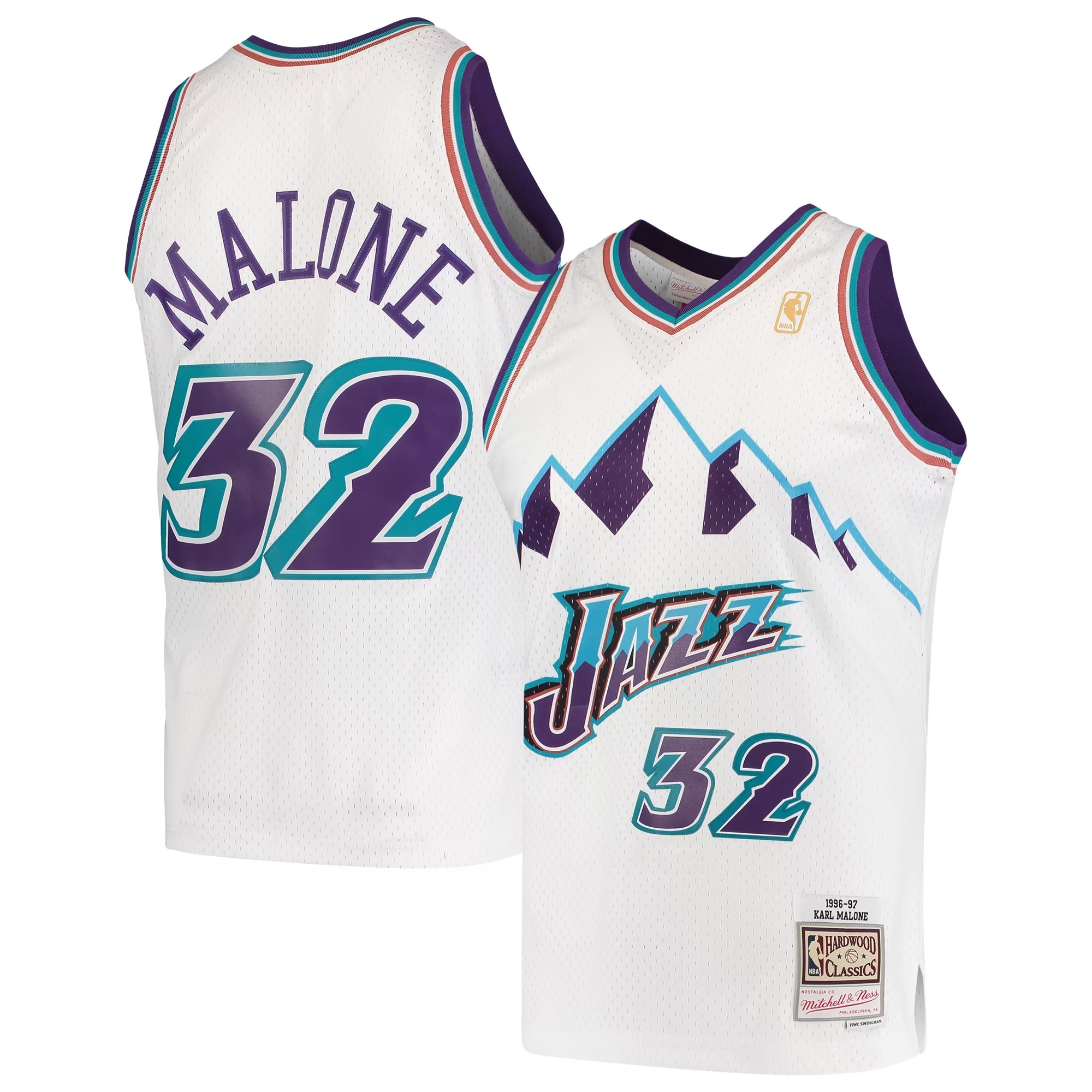 Hunk Wear - Karl Malone Utah Jazz Mitchell & Ness 1996_97 Hardwood Classics Swingman Jersey - White