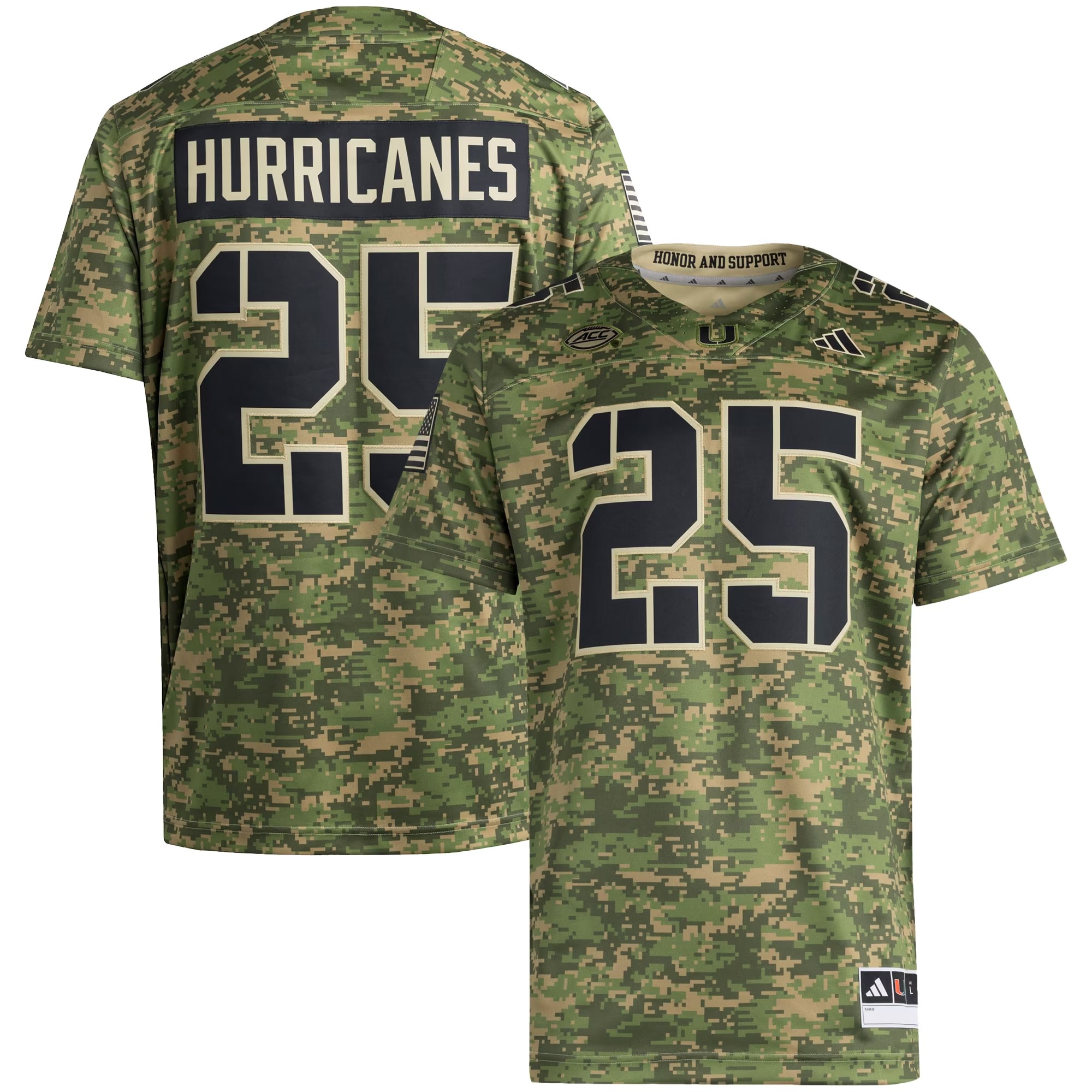 Hunk Wear - #25 Miami Hurricanes adidas Honor & Support Premier Strategy Jersey - Camo