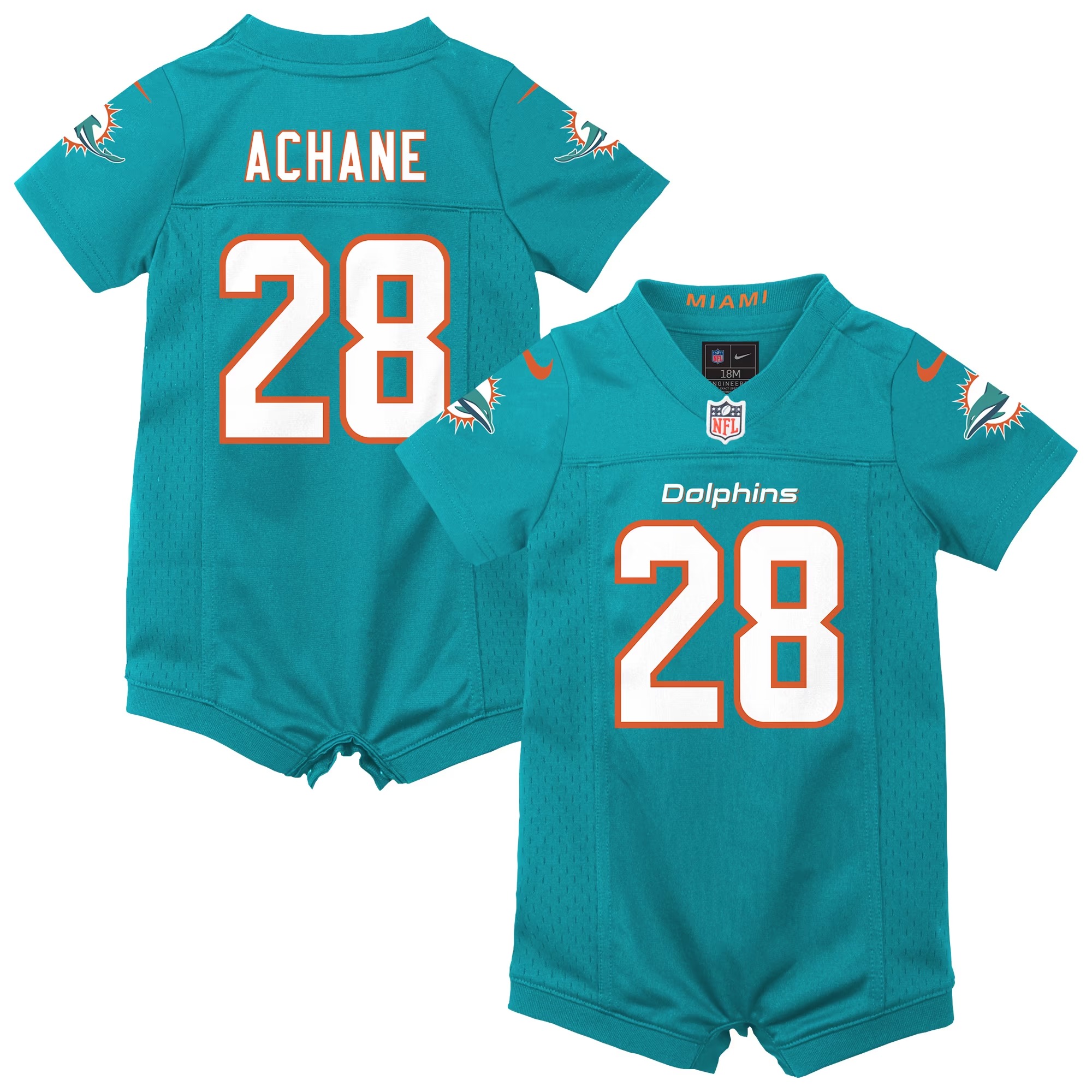 Hunk Wear - De'Von Achane Miami Dolphins Nike Newborn Romper Game Jersey - Aqua