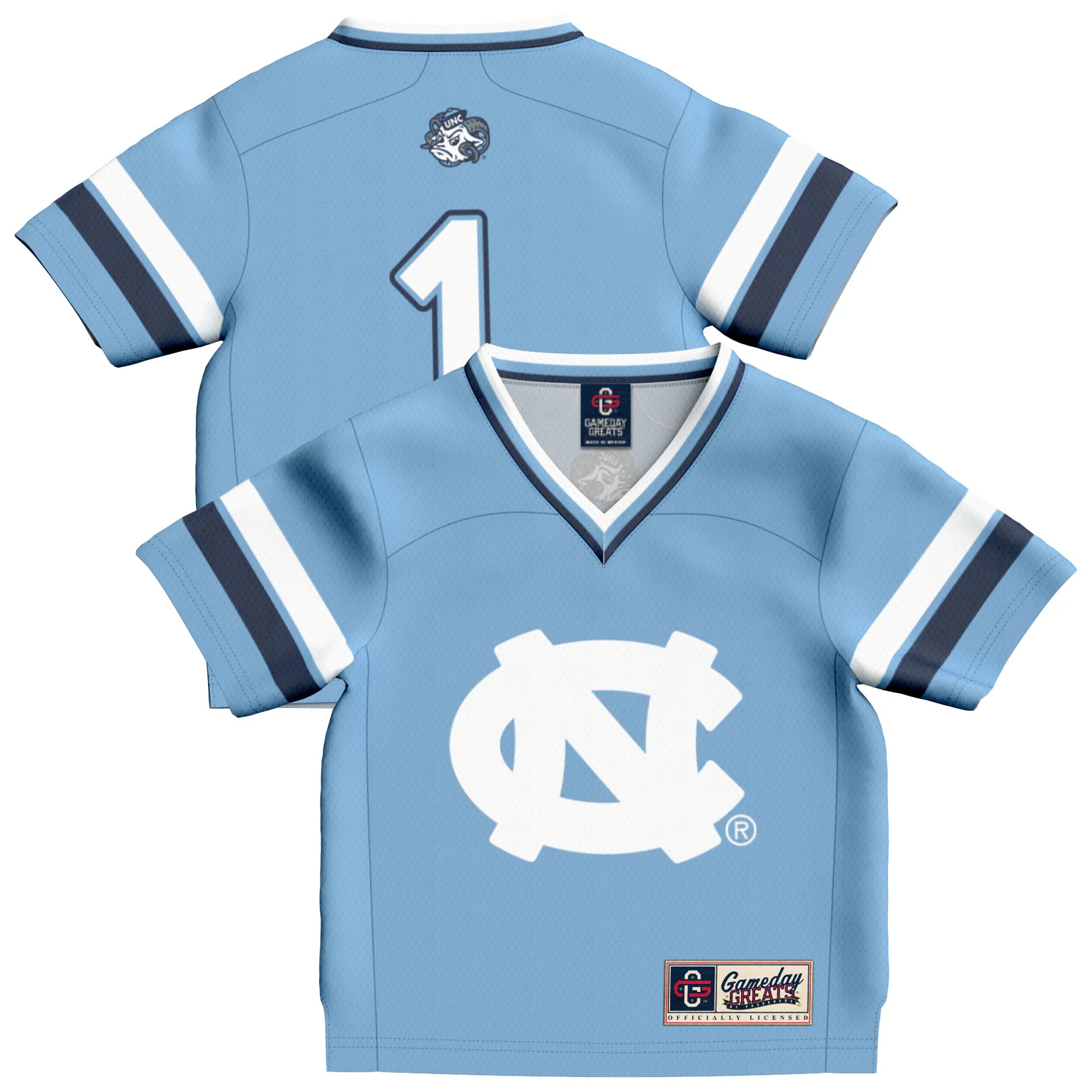 Hunk Wear - #1 North Carolina Tar Heels GameDay Greats Toddler Lightweight Collegiate Football Fashion Jersey - Carolina Blue