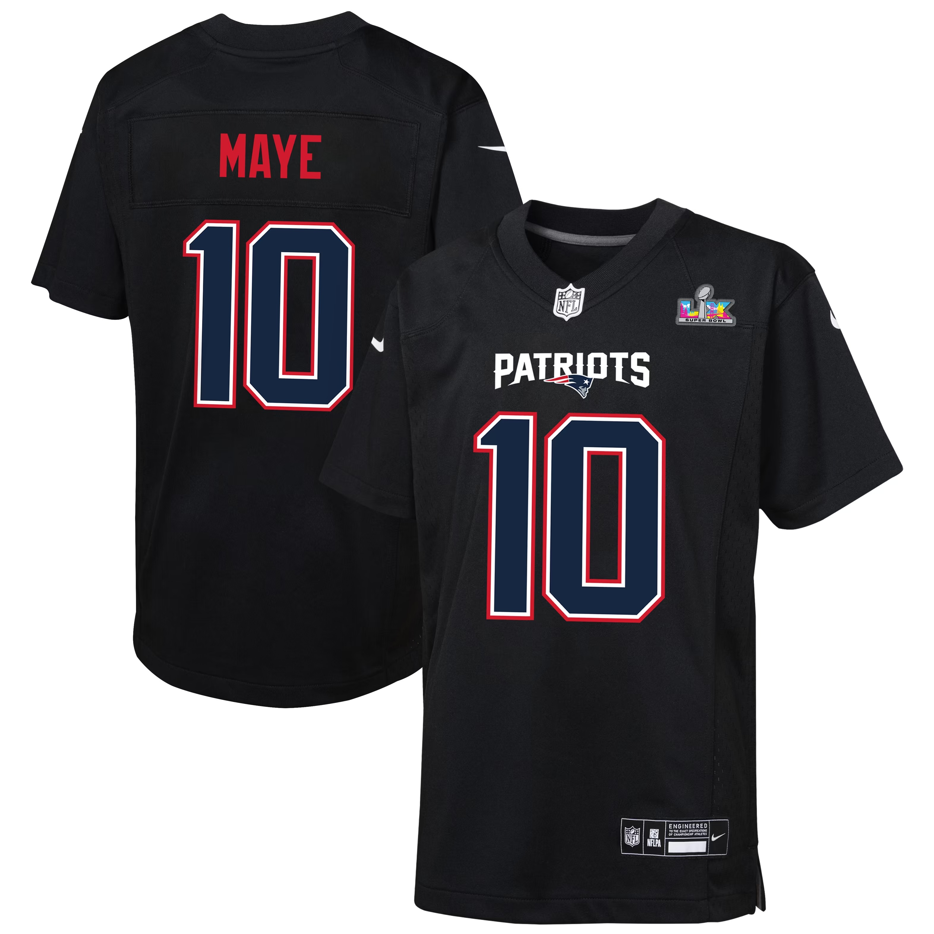 Hunk Wear - Drake Maye New England Patriots Nike Youth Super Bowl LX Patch Carbon Fashion Game Jersey - Black
