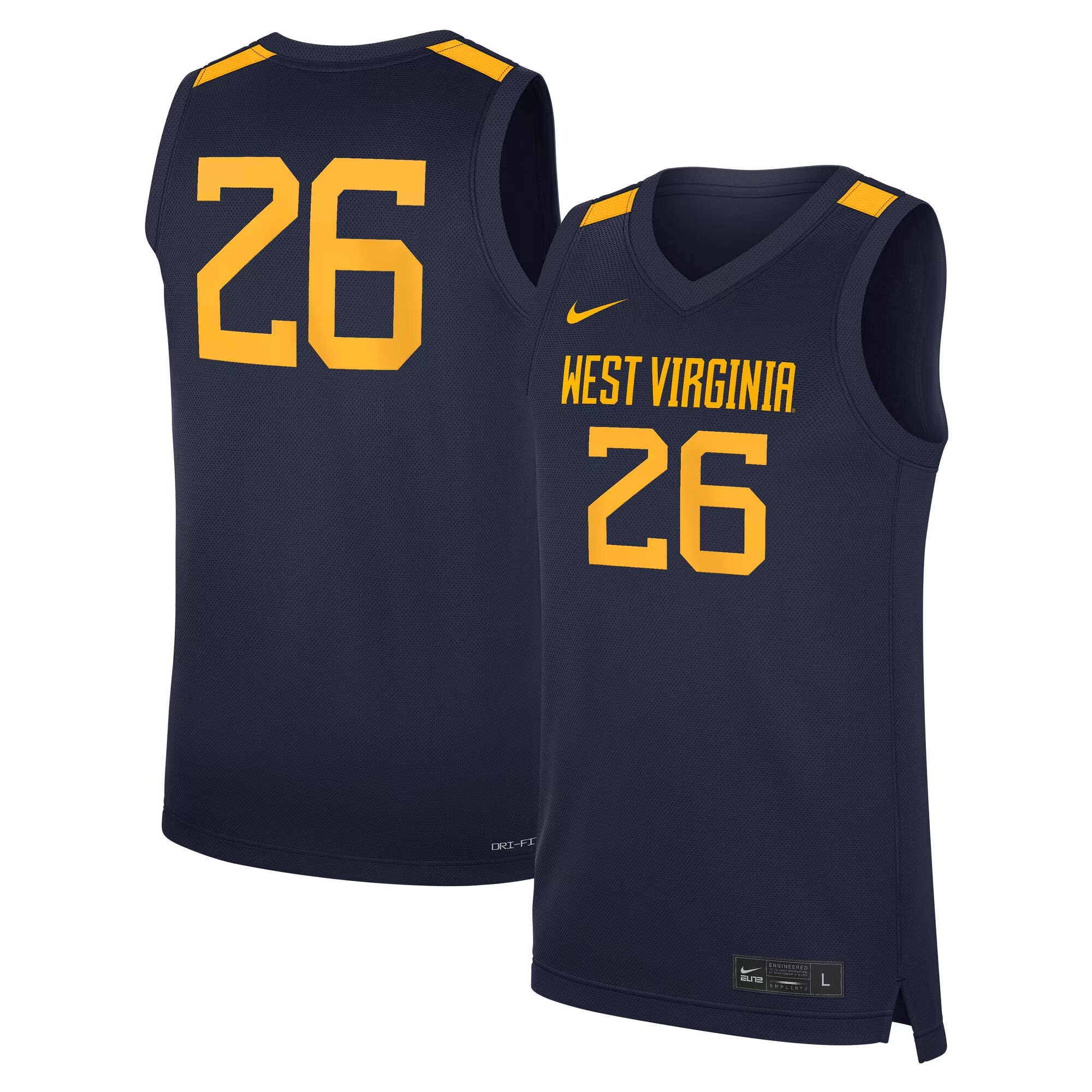 Hunk Wear - #26 West Virginia Mountaineers Nike Road Replica Basketball Jersey - Navy