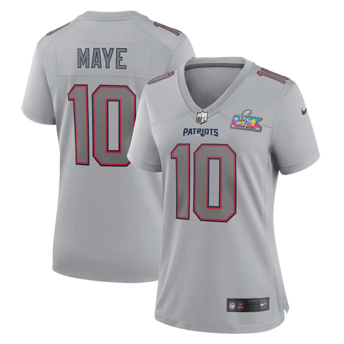 Hunk Wear - Drake Maye New England Patriots Nike Women's Super Bowl LX Patch Atmosphere Fashion Game Jersey - Silver