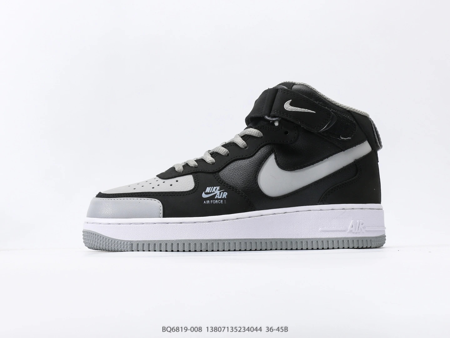 Nike Mid-Top Sneakers Black Grey Leather Hook-and-Loop Fastening