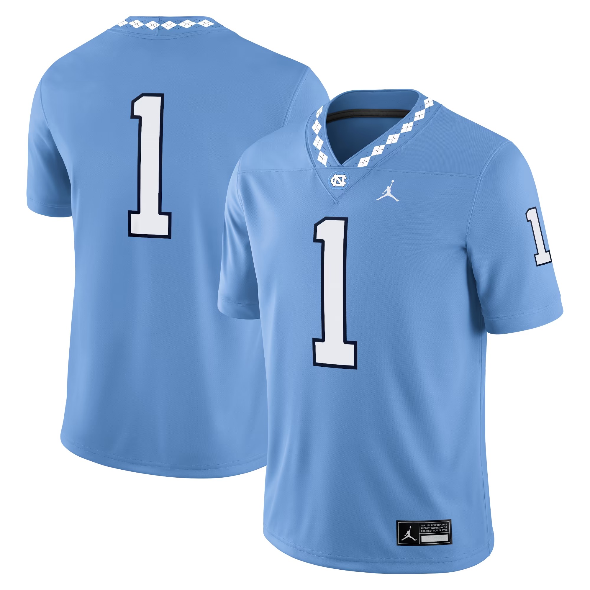 Hunk Wear - #1 North Carolina Tar Heels Jordan Brand Game Jersey - Carolina Blue
