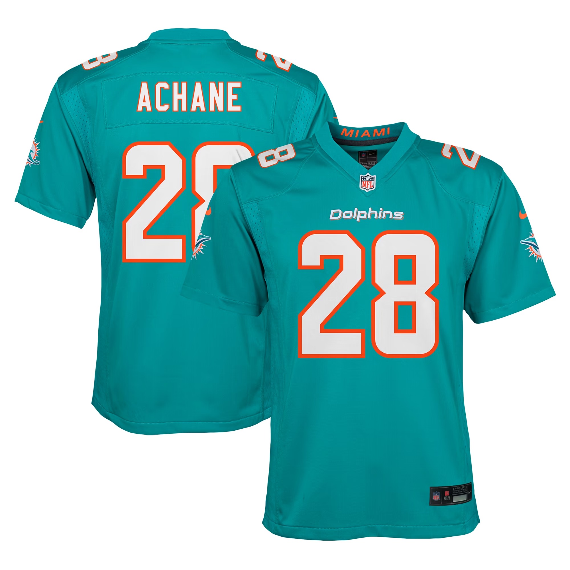 Hunk Wear - De'Von Achane Miami Dolphins Nike Youth Game Jersey - Aqua