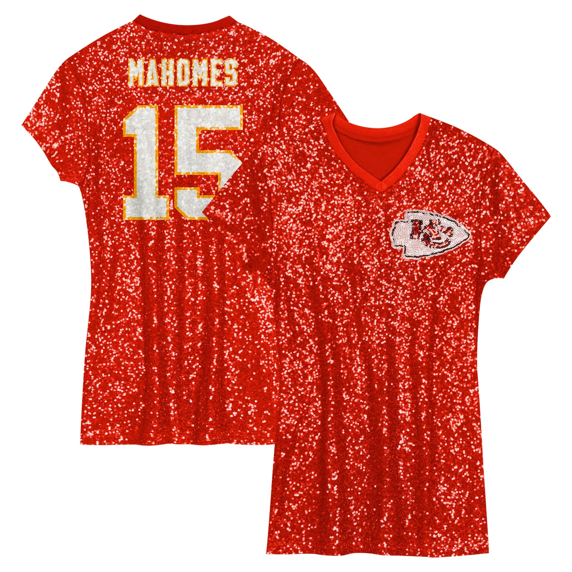 Hunk Wear - Patrick Mahomes Kansas City Chiefs Girls Youth Sequin Player Name & Number V-Neck Dress - Red