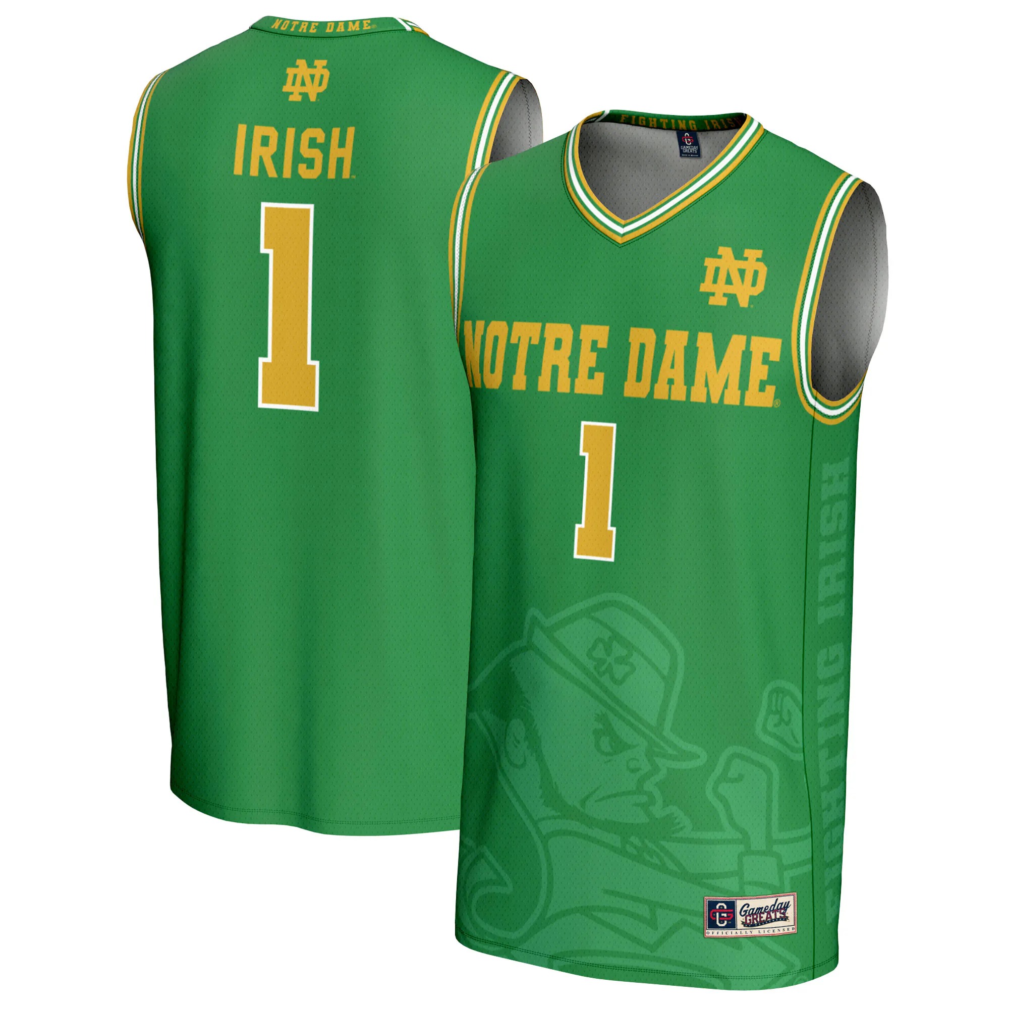 Hunk Wear - #1 Notre Dame Fighting Irish GameDay Greats Youth Icon Print Lightweight Basketball Fashion Jersey - Green