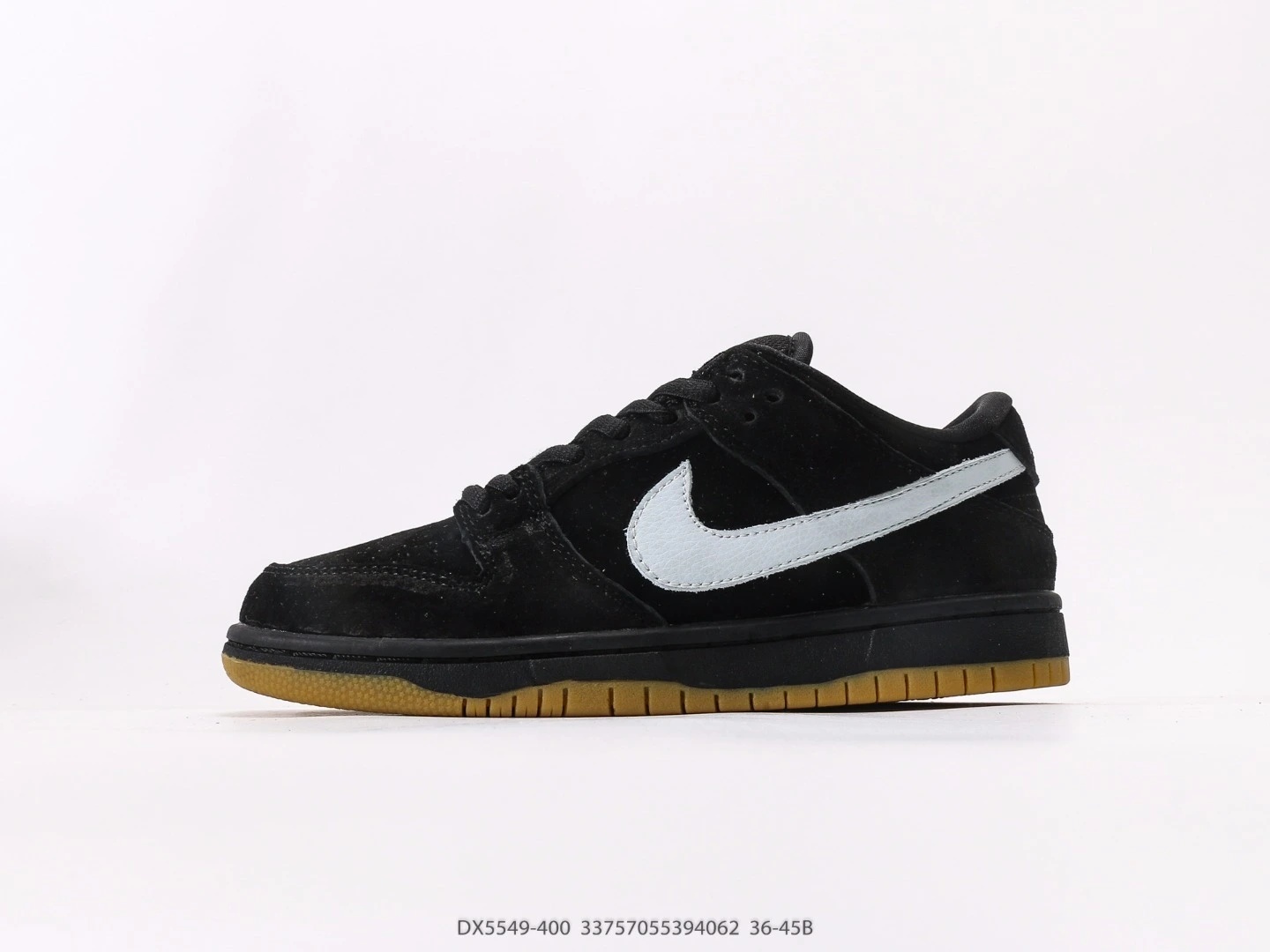 Nike SB Dunk Low Black Suede Light Blue Swoosh Gum Sole DX5549-400