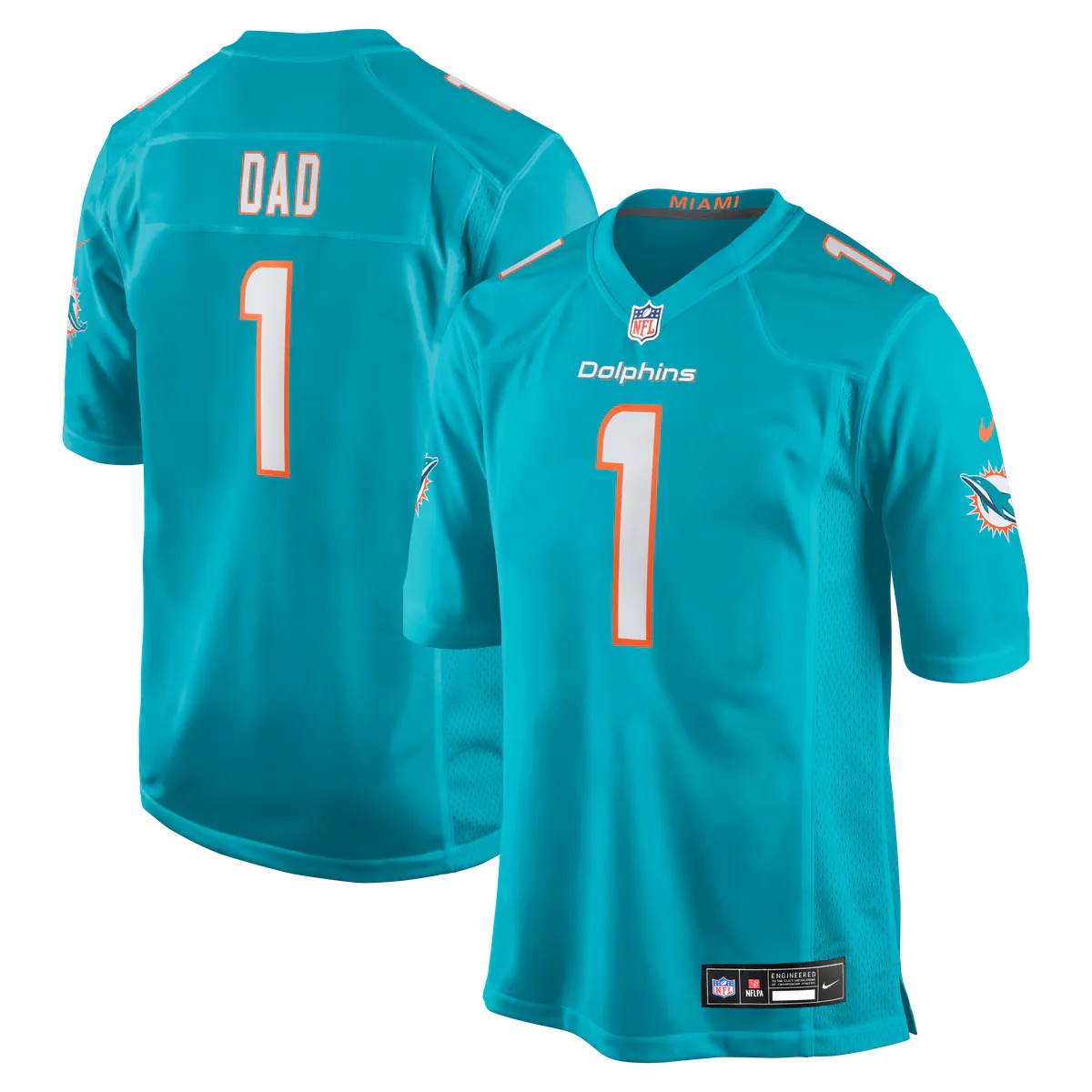 Hunk Wear - Number 1 Dad Miami Dolphins Nike Game Jersey - Aqua