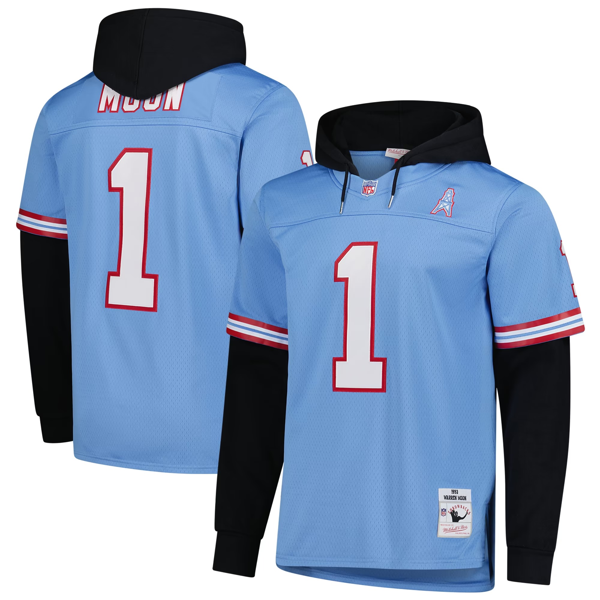 Hunk Wear - Warren Moon Houston Oilers Mitchell & Ness Player Name & Number Hoodie Legacy Jersey - Light Blue