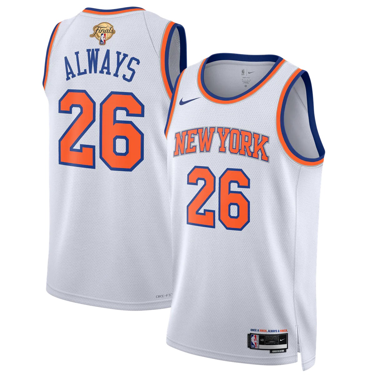 Hunk Wear - New York Knicks Nike Unisex 2026 NBA Finals Champions Always 26 Swingman Jersey - White - Association Edition