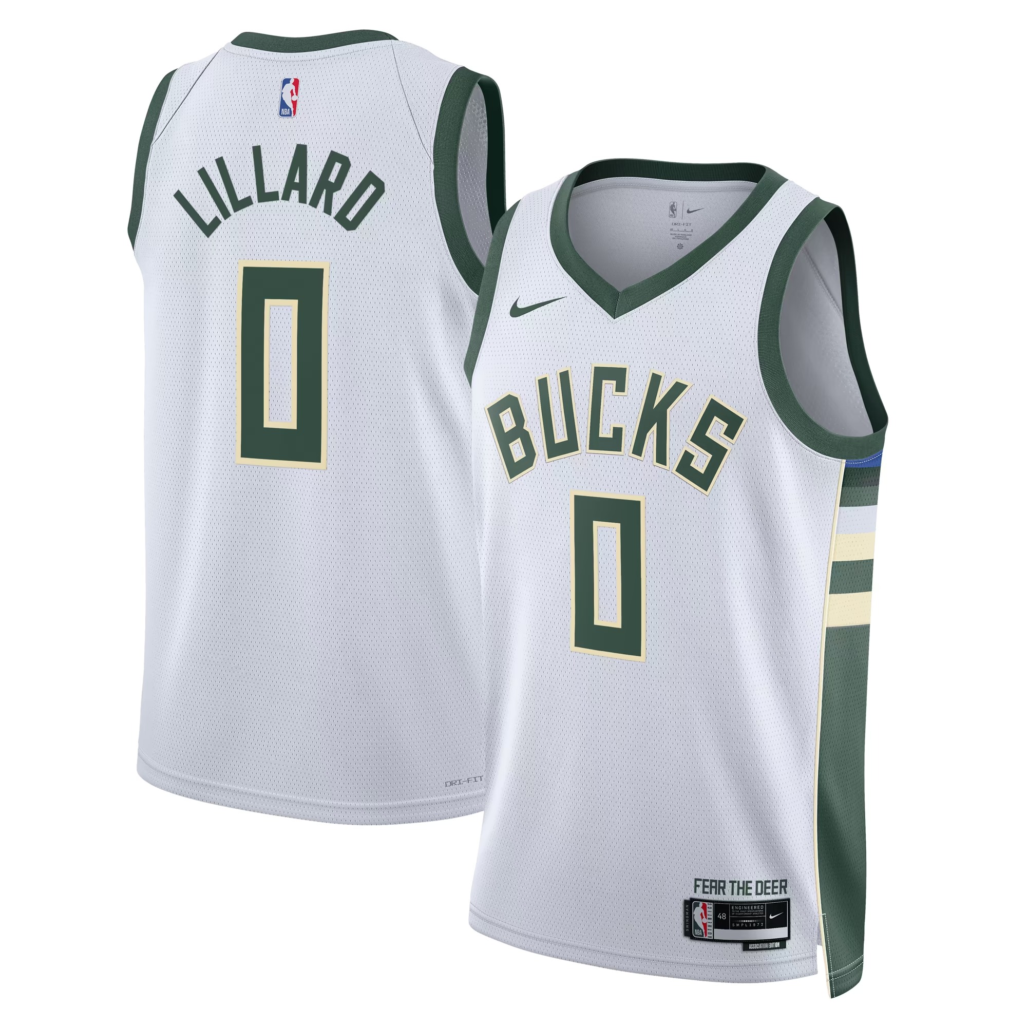 Hunk Wear - Damian Lillard Milwaukee Bucks Nike Unisex Fear The Deer Swingman Player Jersey - Association Edition - White