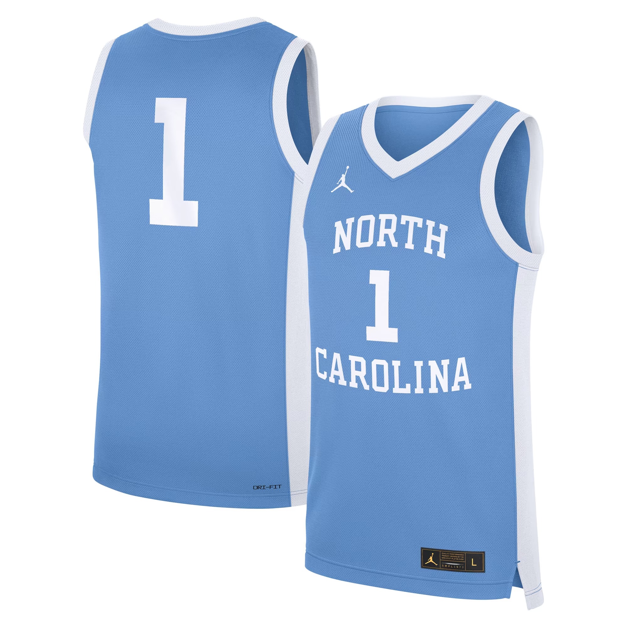 Hunk Wear - #1 North Carolina Tar Heels Jordan Brand Alternate Replica Jersey - Carolina Blue