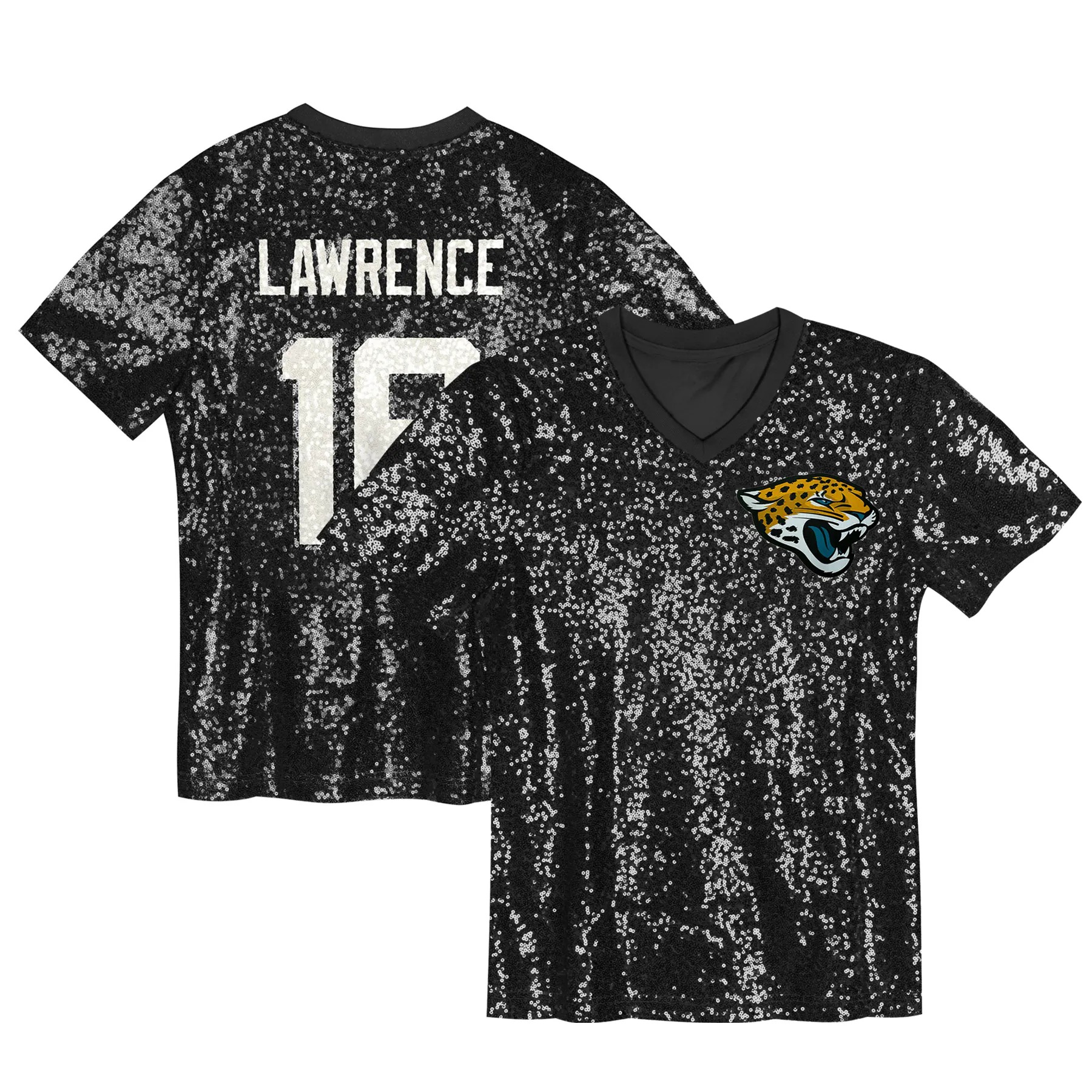 Hunk Wear - Trevor Lawrence Jacksonville Jaguars Girls Youth Sequin V-Neck Fashion Jersey - Black