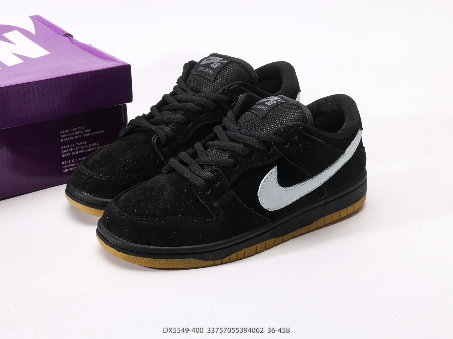 Nike SB Dunk Low Black Suede Light Blue Swoosh Gum Sole DX5549-400
