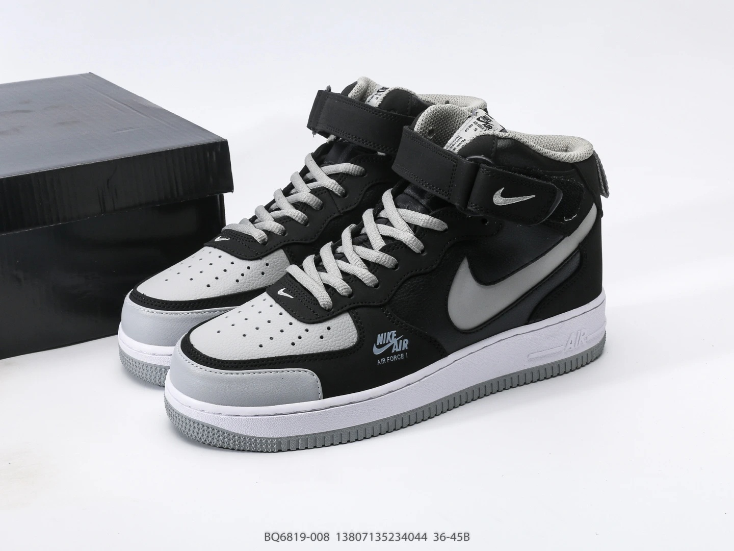 Nike Mid-Top Sneakers Black Grey Leather Hook-and-Loop Fastening
