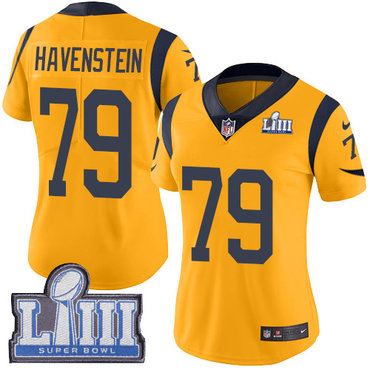 Hunk Wear - #79 Limited Rob Havenstein Gold Nike NFL Women's Jersey Los Angeles Rams Rush Vapor Untouchable Super Bowl LIII Bound