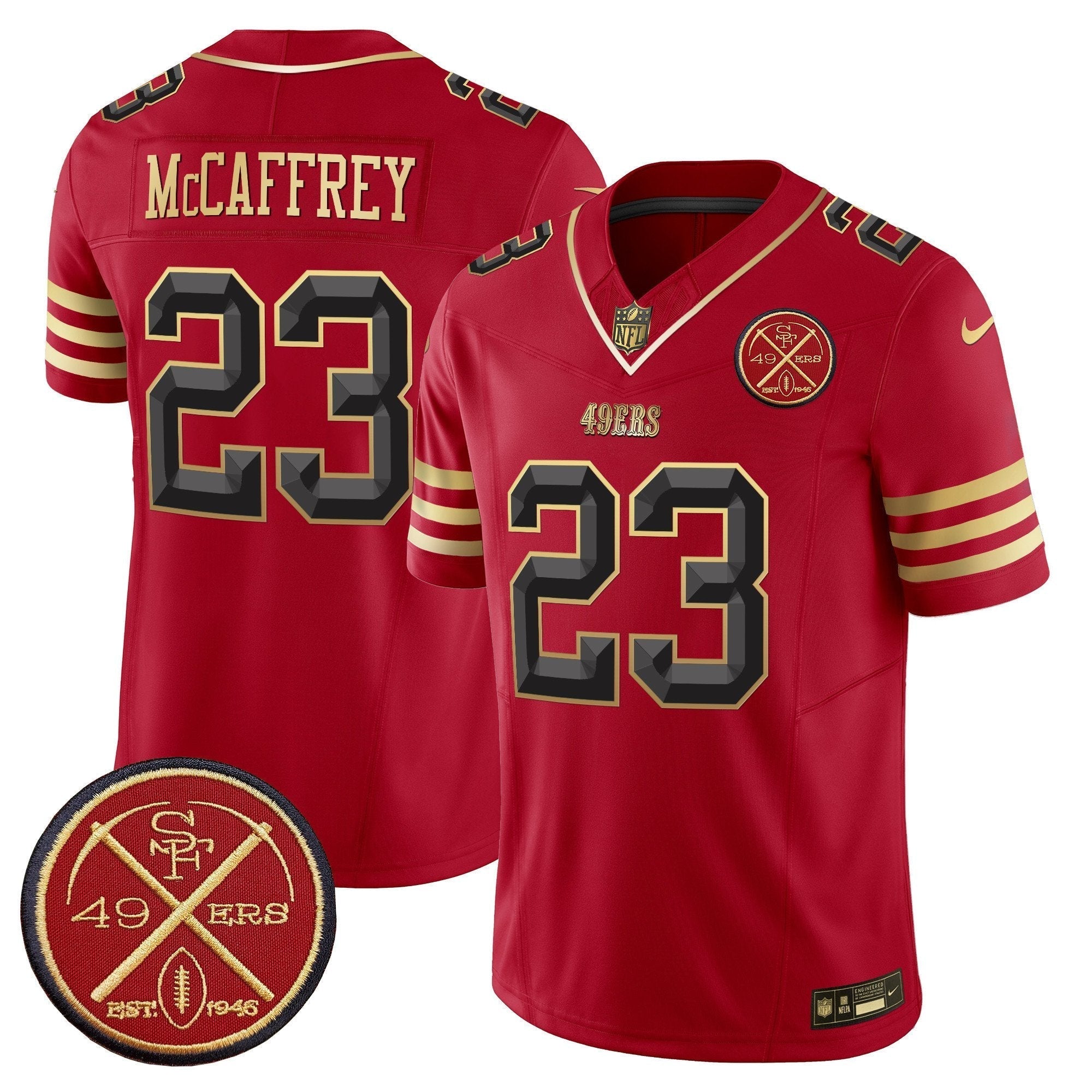 Hunk Wear - 49ers Est.1946 Patch Vapor Limited Jersey V2 ' All Stitched ' Black Scarlet ' Christian McCaffrey Jersey
