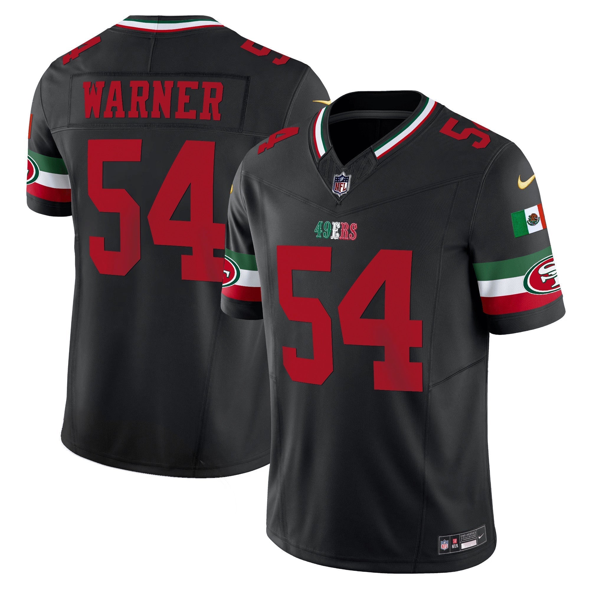 Hunk Wear - 49ers Mexico Vapor Jersey V2 ' All Stitched ' Black ' Fred Warner Jersey
