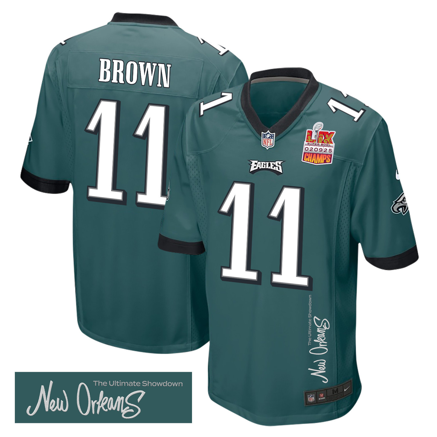 Hunk Wear - A.J. Brown 11 Philadelphia Eagles Super Bowl LIX Champions Patch 'New Orleans ' The Ultimate Showdown' EMBROIDERED Game Men Jersey ' Midnight Green