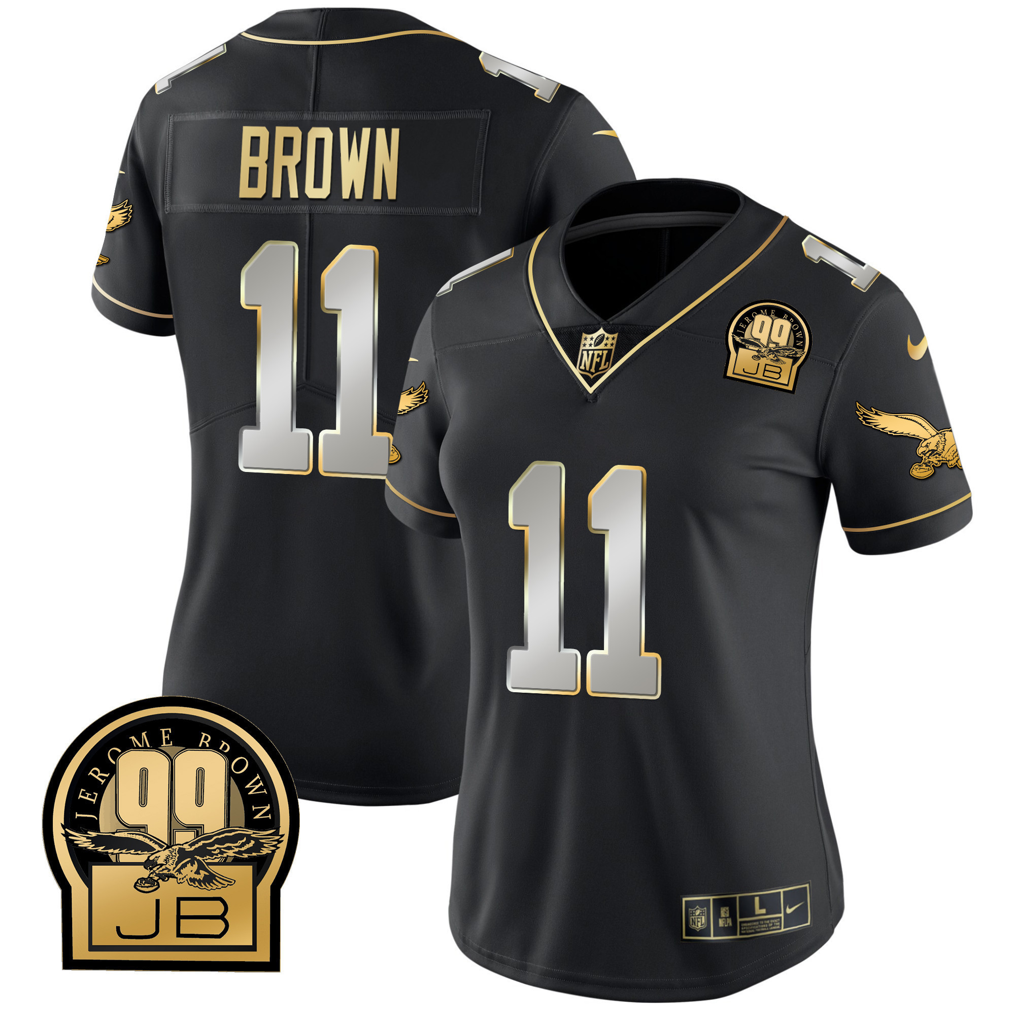 Hunk Wear - A.J. Brown Women's Philadelphia Eagles Jerome Brown Retired Patch Gold & Kelly Black Limited Jersey