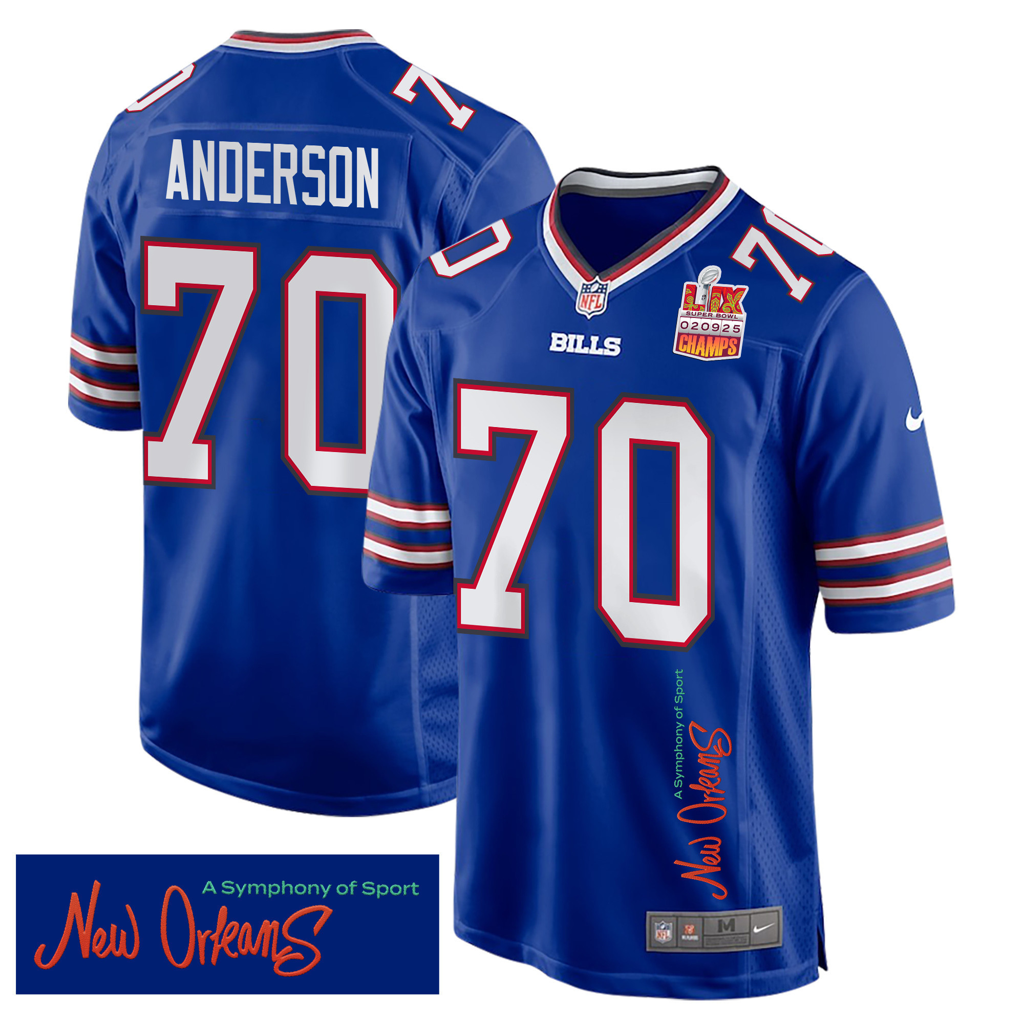 Hunk Wear - Alec Anderson 70 Buffalo Bills Super Bowl LIX Champions Patch 'New Orleans ' A Symphony of Sport' EMBROIDERED Game Men Jersey ' Royal