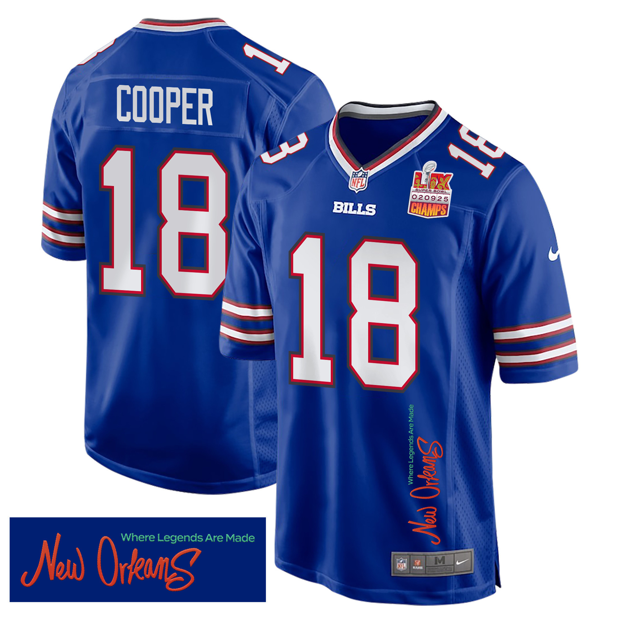 Hunk Wear - Amari Cooper 18 Buffalo Bills Super Bowl LIX Champions Patch 'New Orleans ' Where Legends Are Made' EMBROIDERED Game Men Jersey ' Royal
