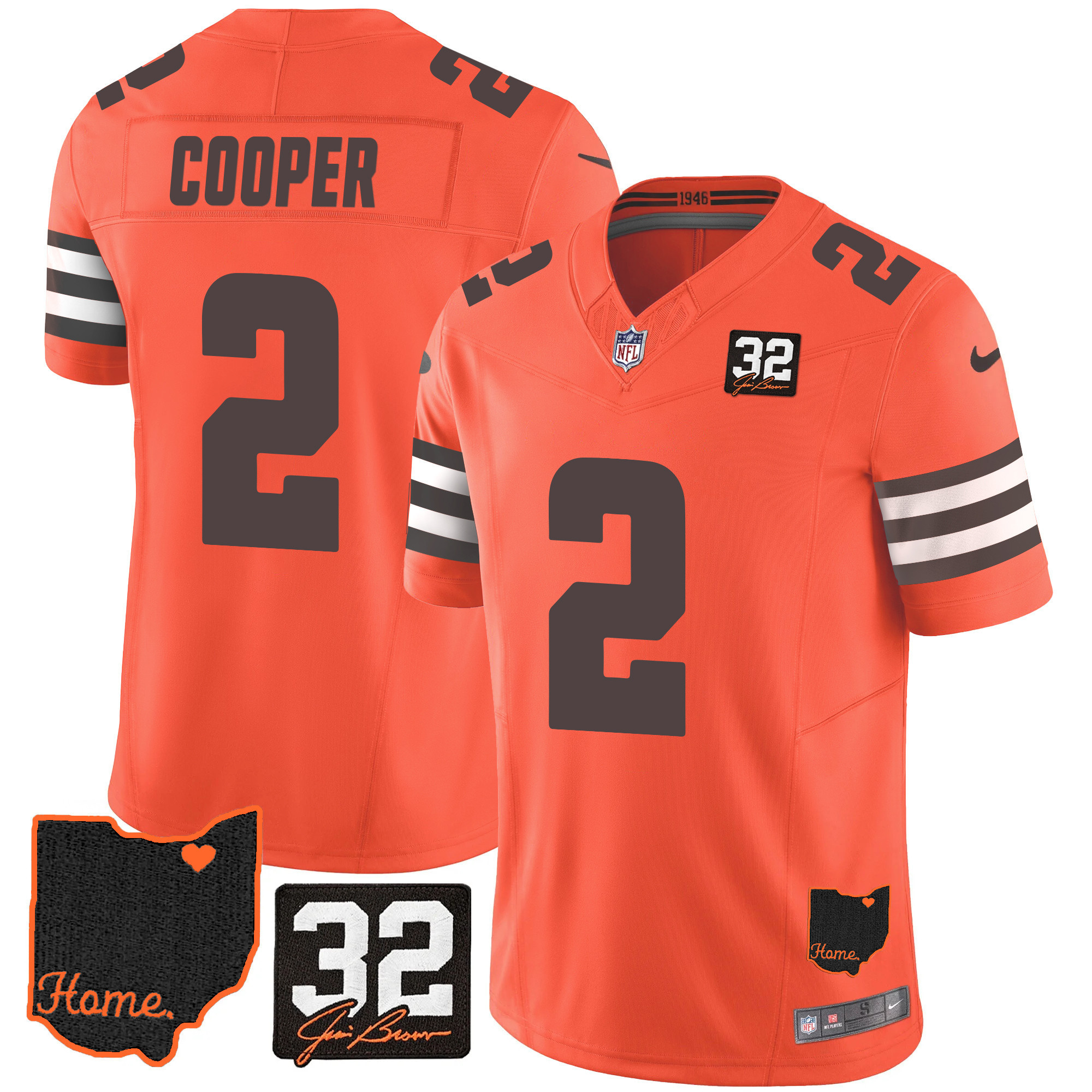 Hunk Wear - Amari Cooper Men's Cleveland Browns #32 Jim Brown Memorial & Home Patch V3 Orange Jersey