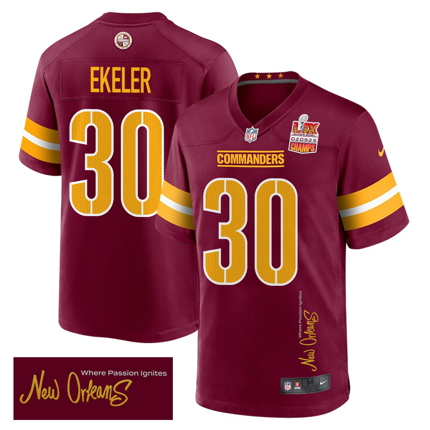 Hunk Wear - Austin Ekeler 30 Washington Commanders Super Bowl LIX Champions Patch ‘New Orleans – Where Passion Ignites’ EMBROIDERED Game Men Jersey – Burgundy