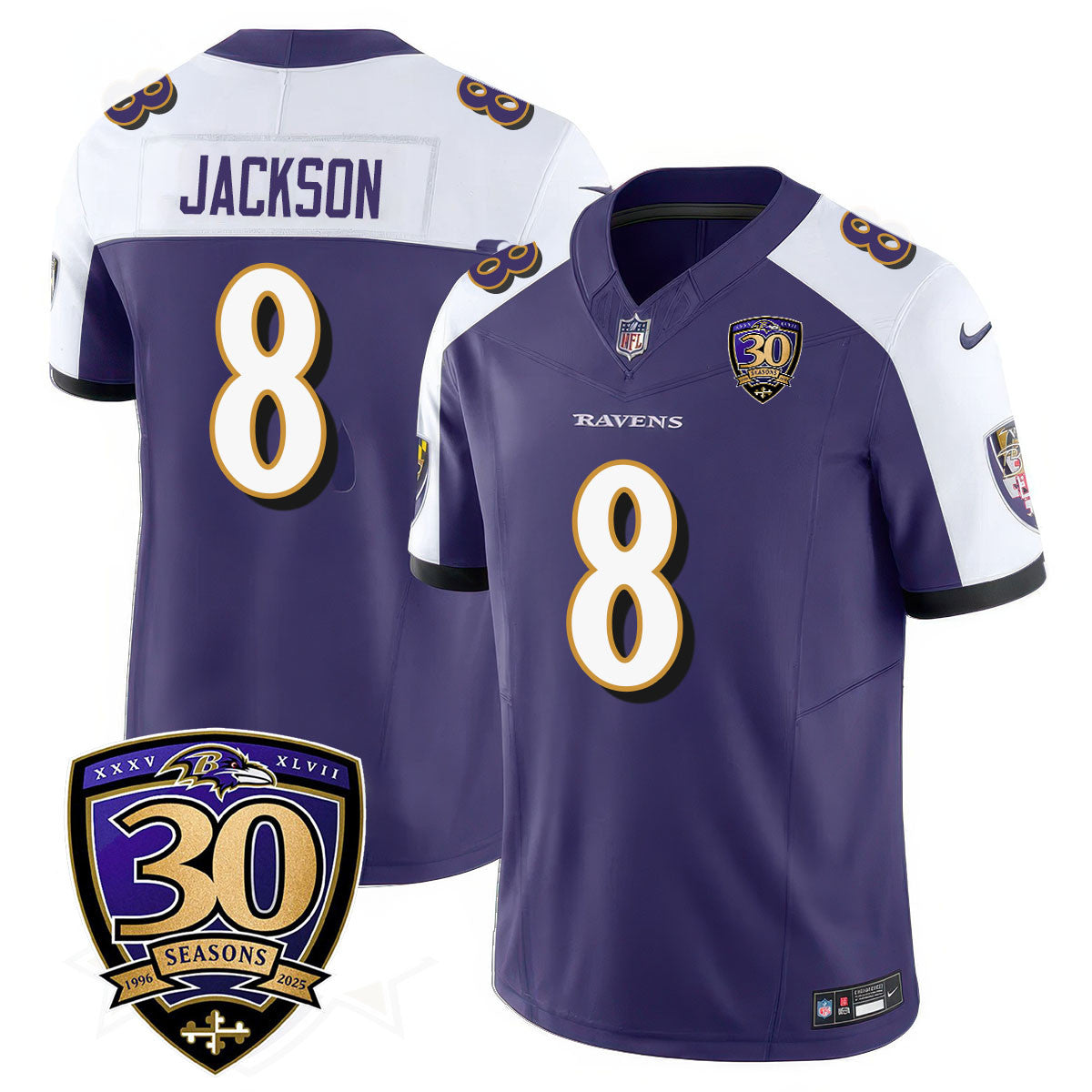 Hunk Wear - Baltimore Ravens Limited 30th Season Jersey ' All Stitched ' Lamar Jackson ' 8 ' Purple Alternate Jersey