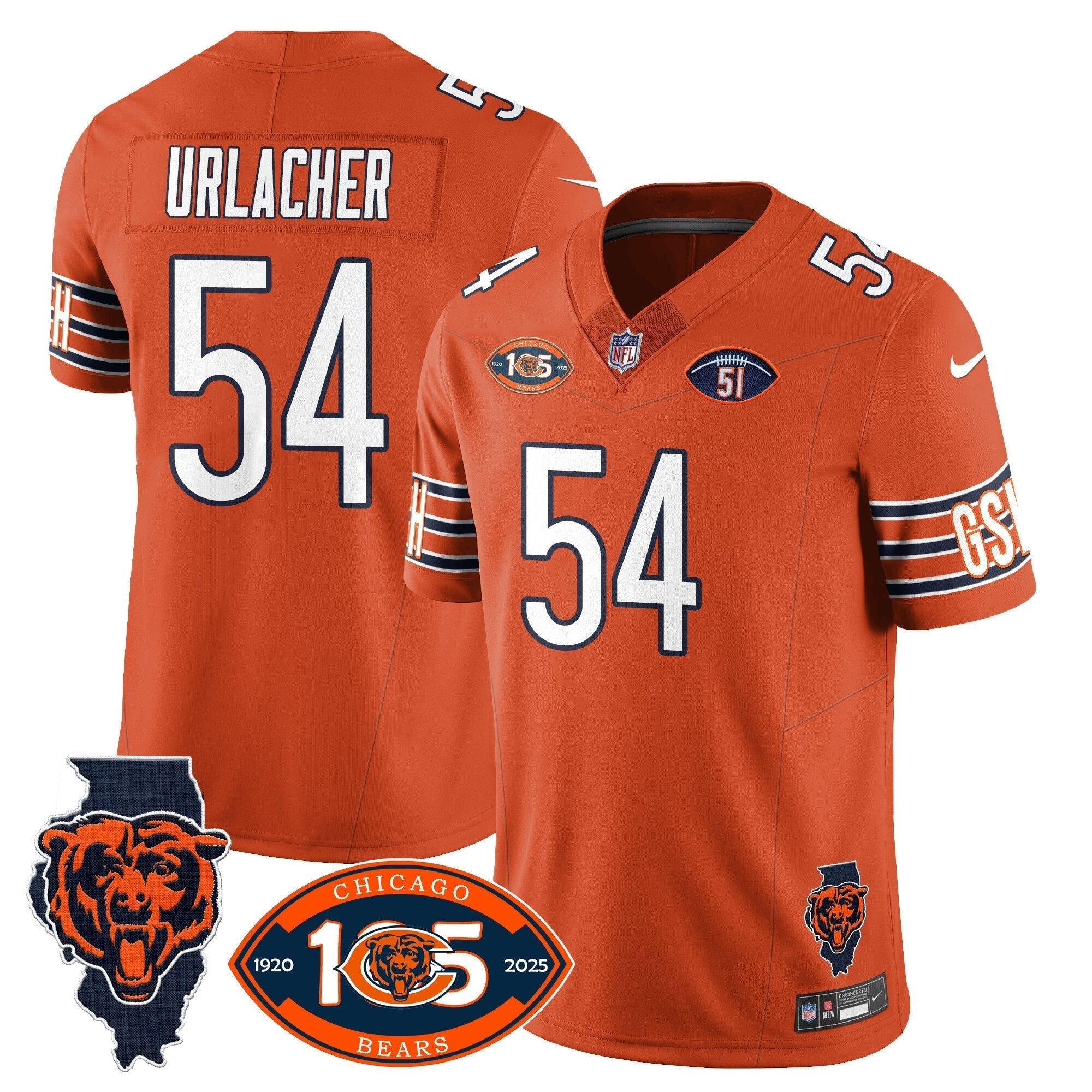 Hunk Wear - Bears 1920-2025 The Bears Vapor Limited Jersey ' All Stitched ' Orange ' Brian Urlacher Jersey