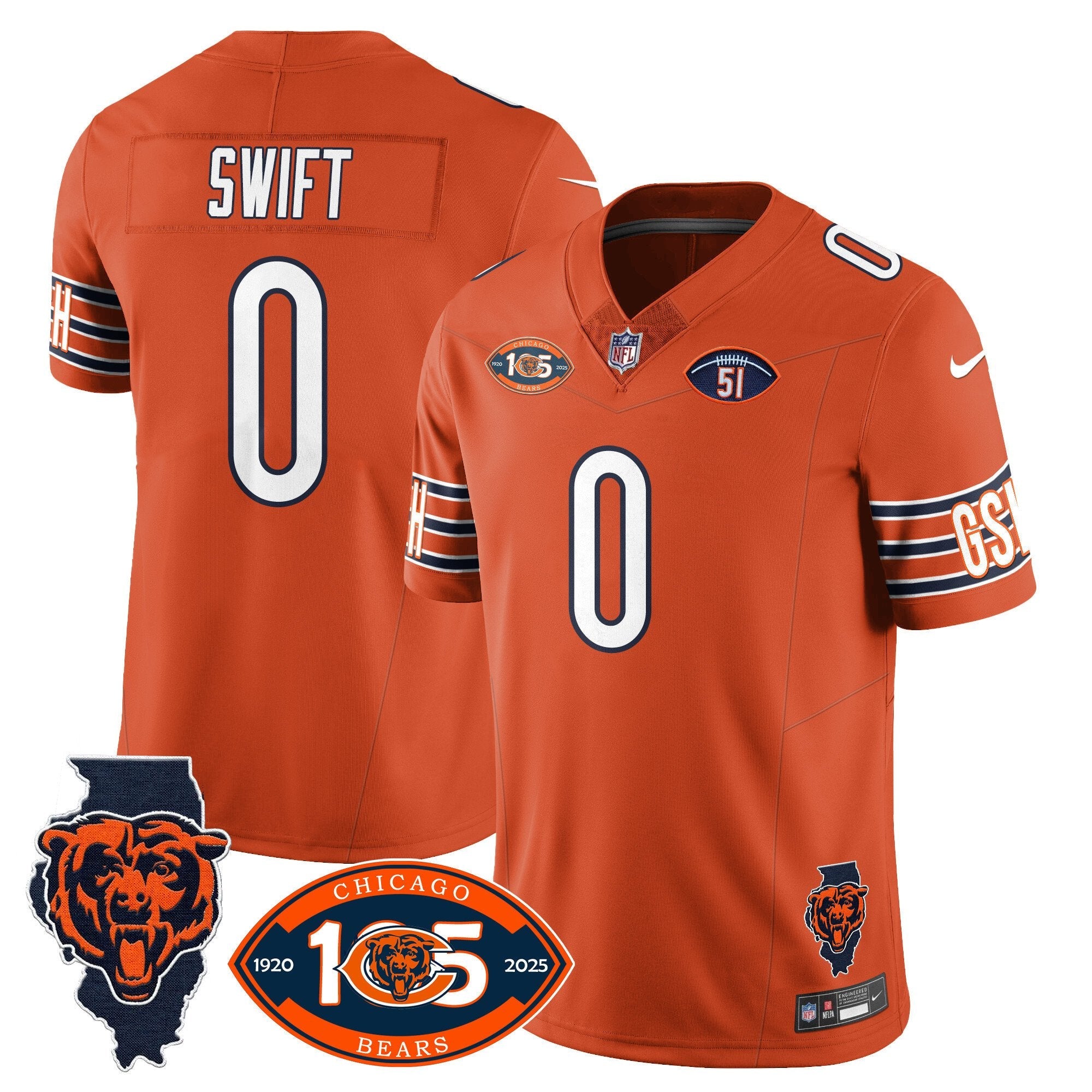 Hunk Wear - Bears 1920-2025 The Bears Vapor Limited Jersey ' All Stitched ' Orange ' D'Andre Swift Jersey