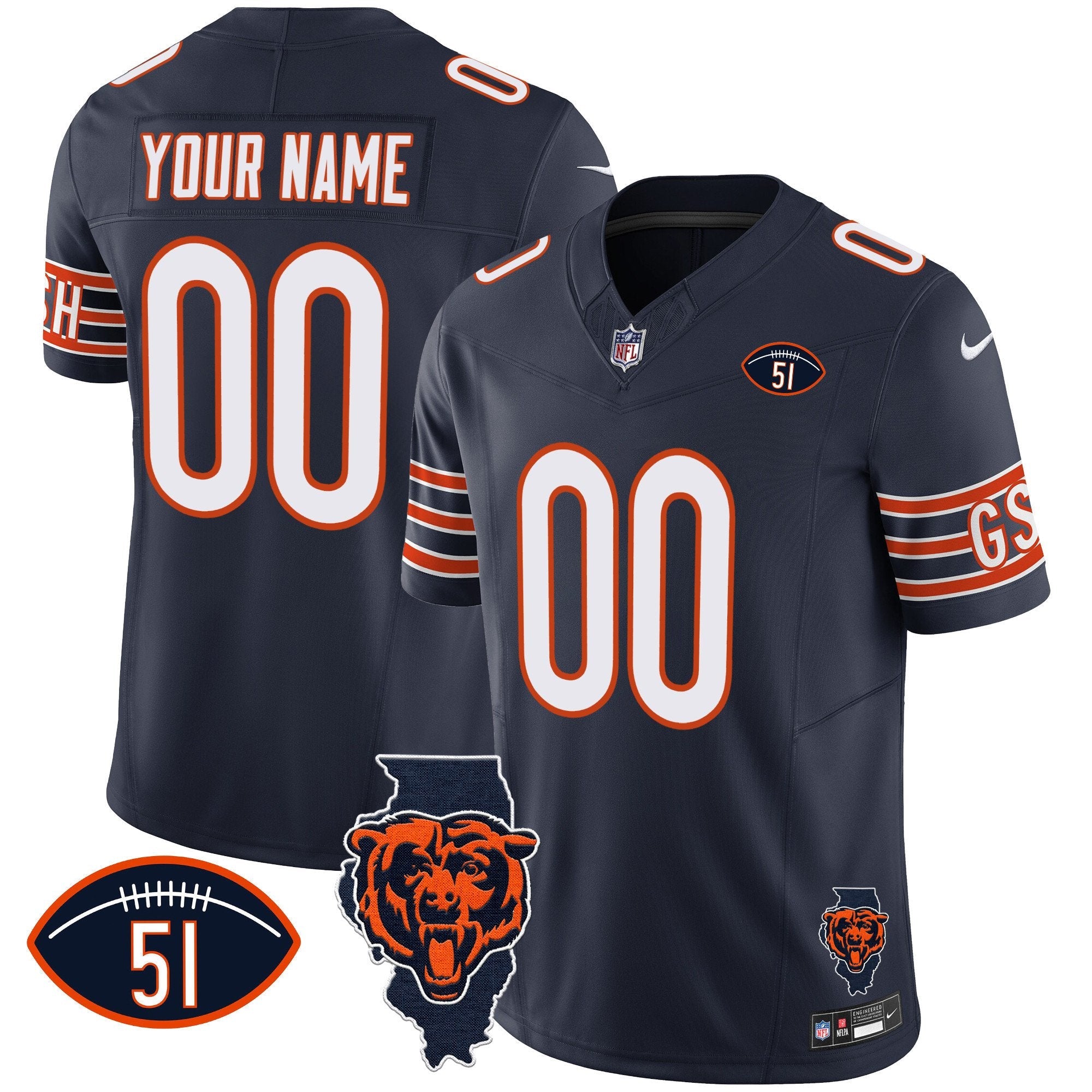 Hunk Wear - Bears Illinois Patch Vapor Custom Jersey ' All Stitched ' Navy Jersey