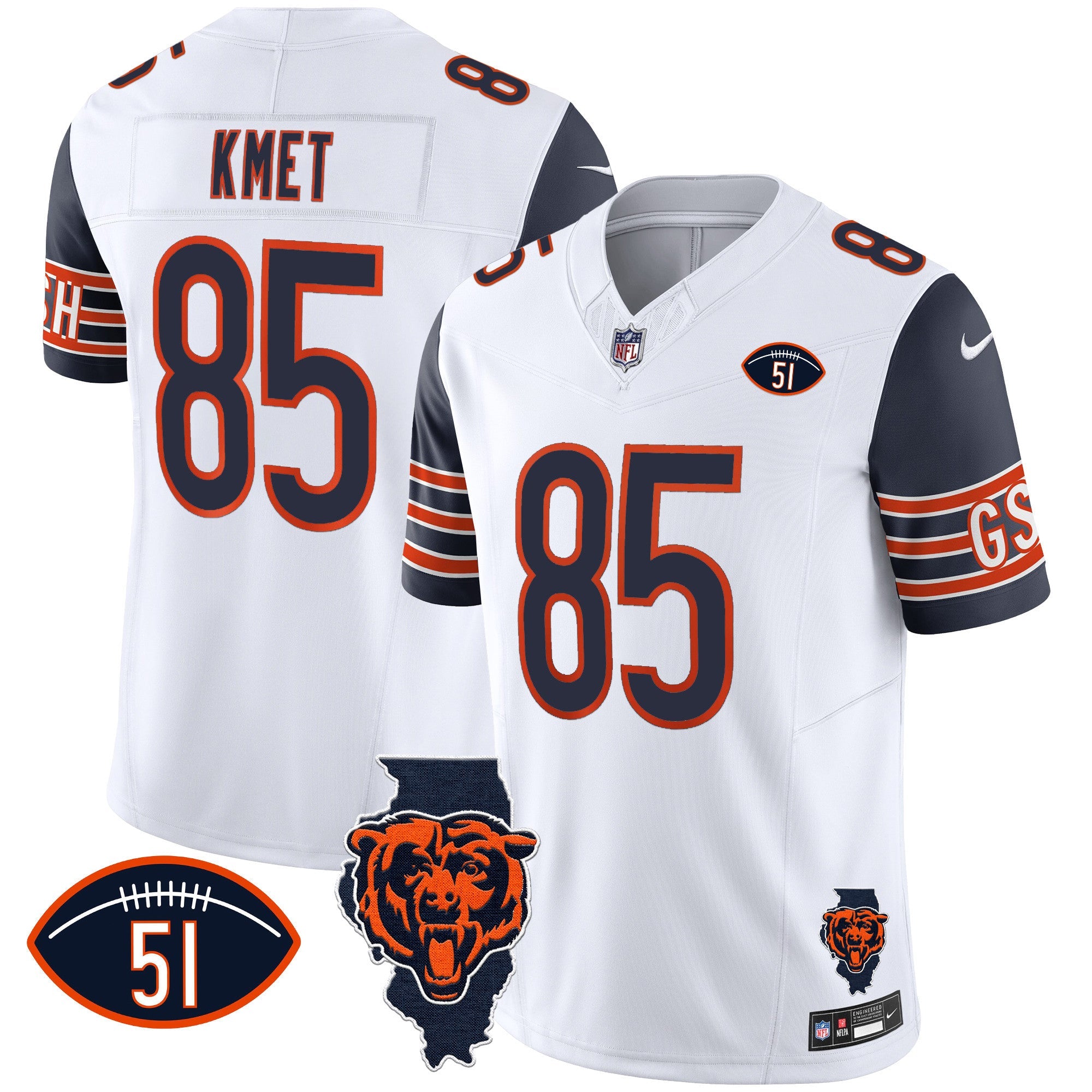Hunk Wear - Bears Illinois Patch Vapor Jersey ' All Stitched ' Navy Sleeves ' Cole Kmet Jersey
