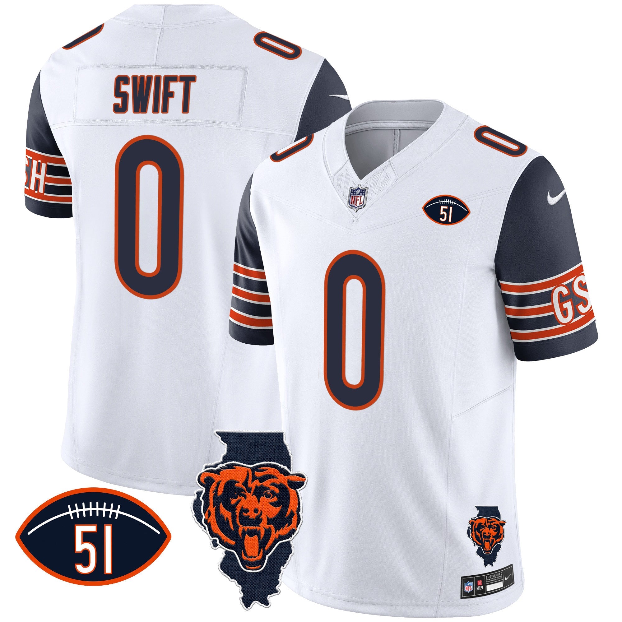 Hunk Wear - Bears Illinois Patch Vapor Jersey ' All Stitched ' Navy Sleeves ' D'Andre Swift Jersey