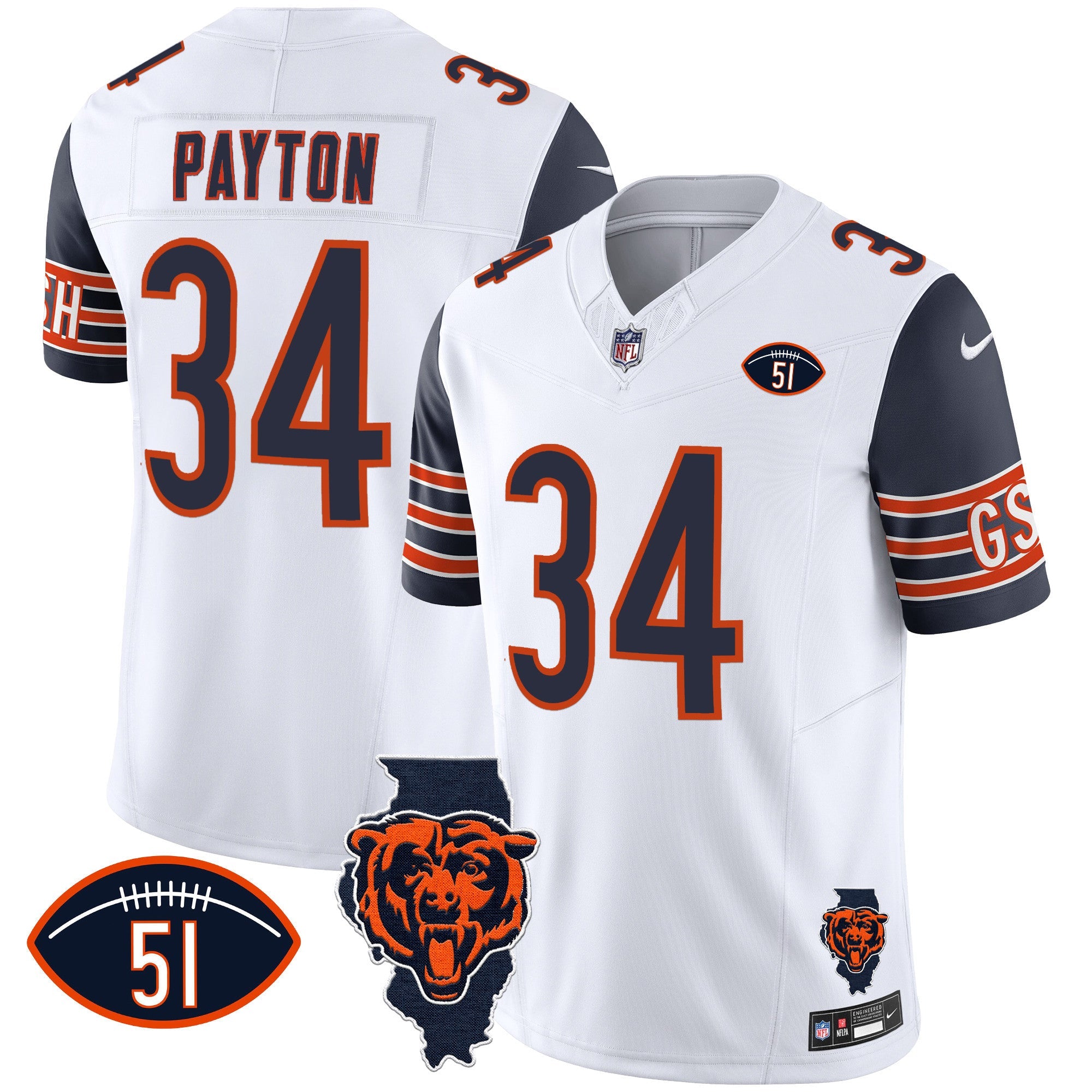 Hunk Wear - Bears Illinois Patch Vapor Jersey ' All Stitched ' Navy Sleeves ' Walter Payton Jersey