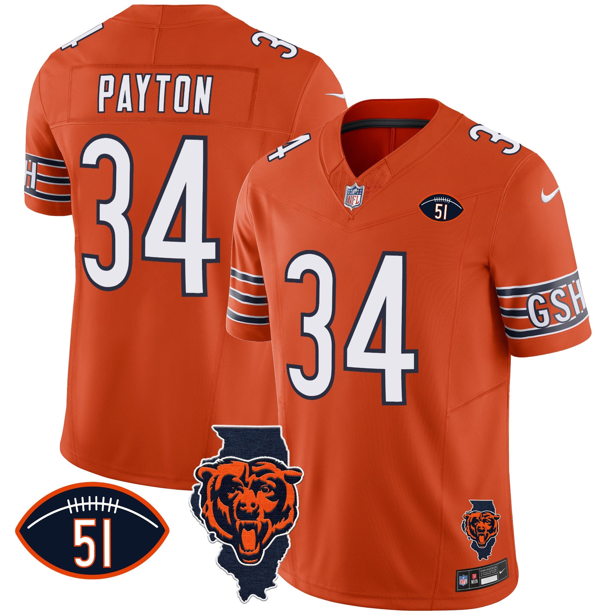 Hunk Wear - Bears Illinois Patch Vapor Jersey ' All Stitched ' Orange ' Walter Payton Jersey