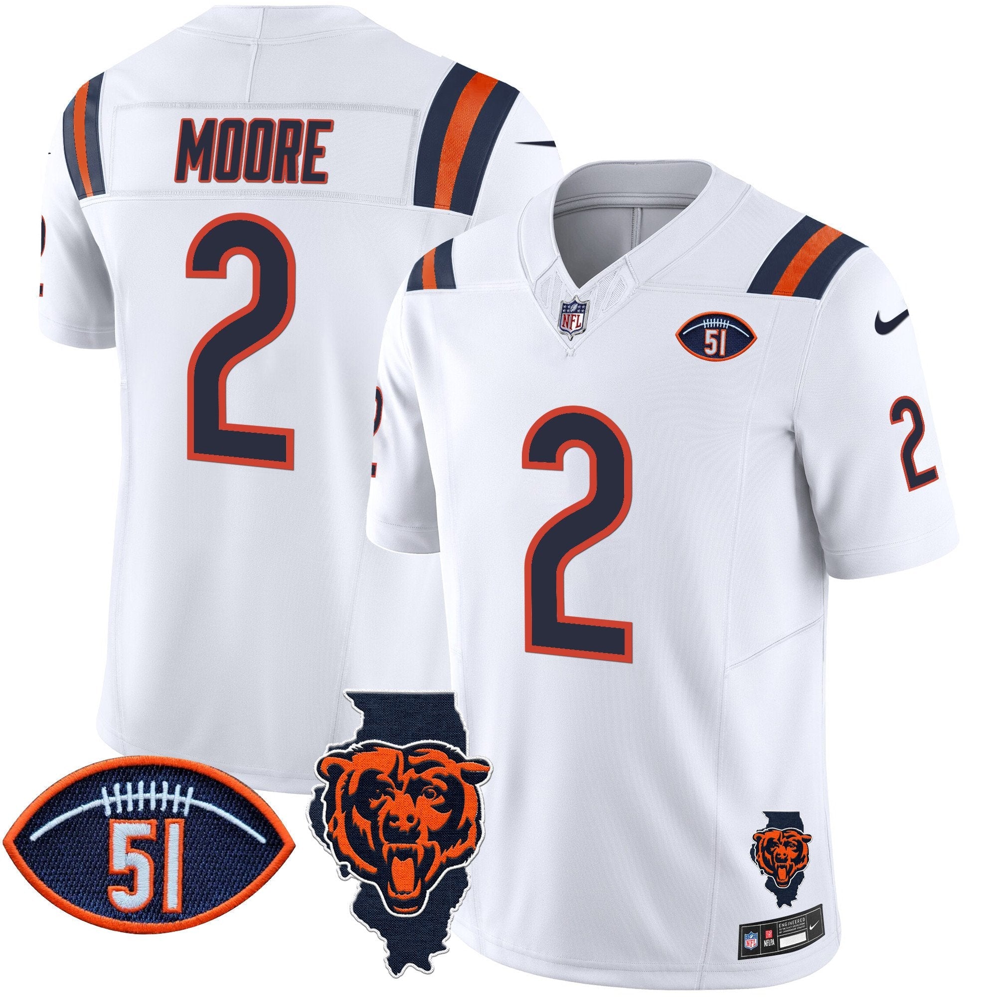 Hunk Wear - Bears Illinois Patch Vapor Limited Jersey V2 ' All Stitched ' White ' D.J. Moore Jersey