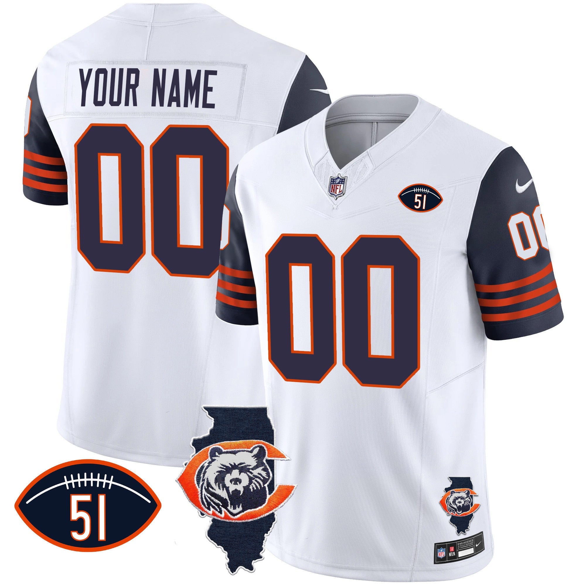Hunk Wear - Bears Throwback Illinois Patch Vapor Custom Jersey – All Stitched – Navy Sleeves Jersey