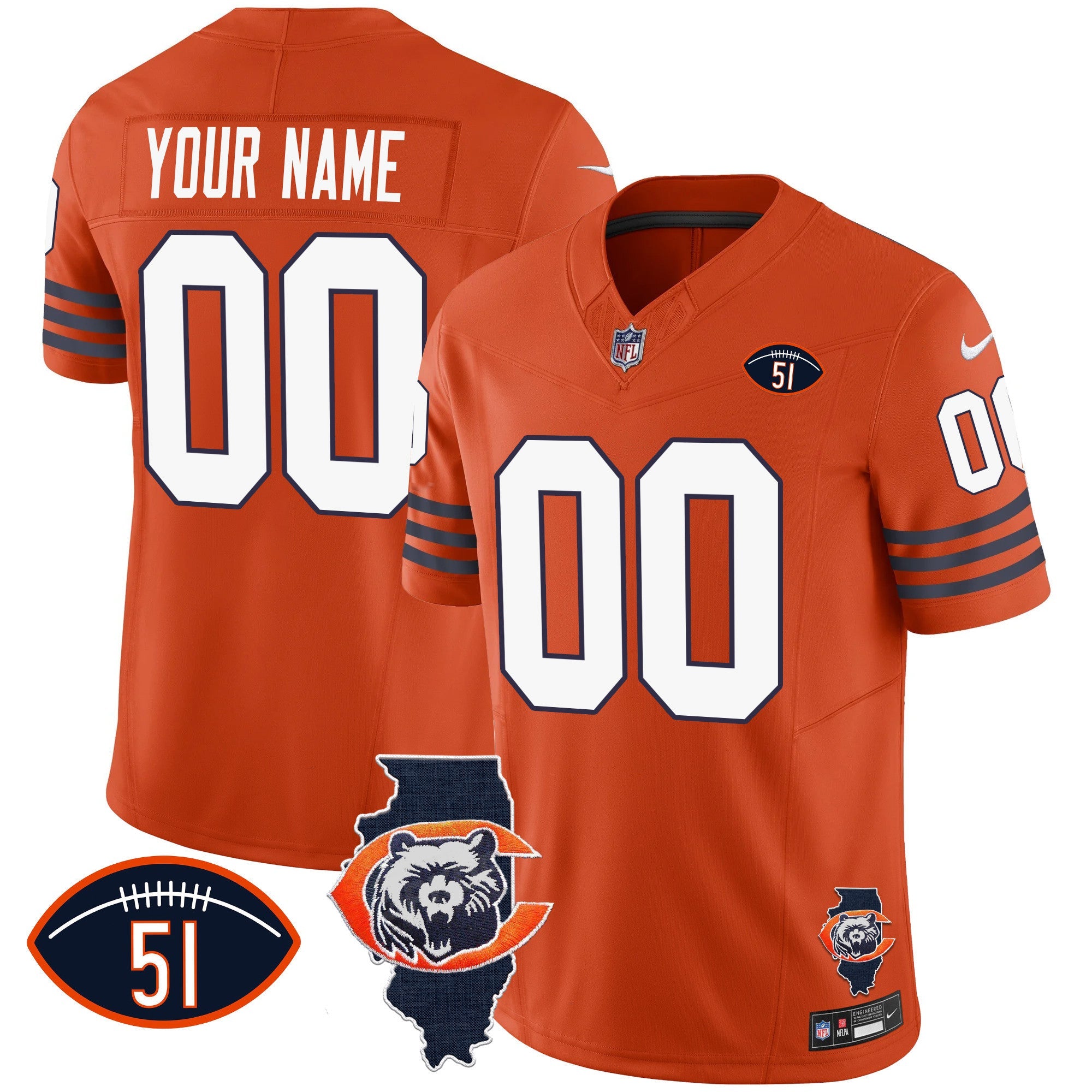 Hunk Wear - Bears Throwback Illinois Patch Vapor Custom Jersey – All Stitched – Orange Jersey