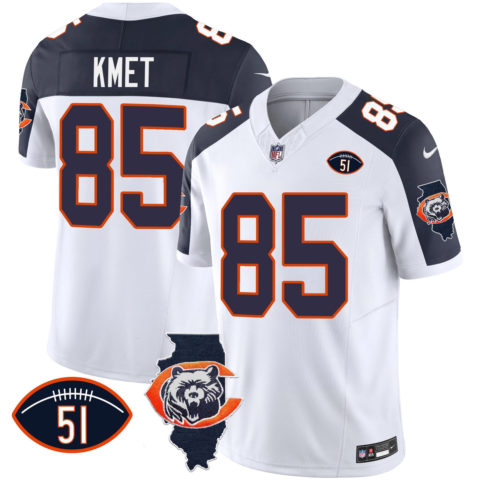 Hunk Wear - Bears Throwback Illinois Patch Vapor Jersey – All Stitched – Inverted – Cole Kmet Jersey