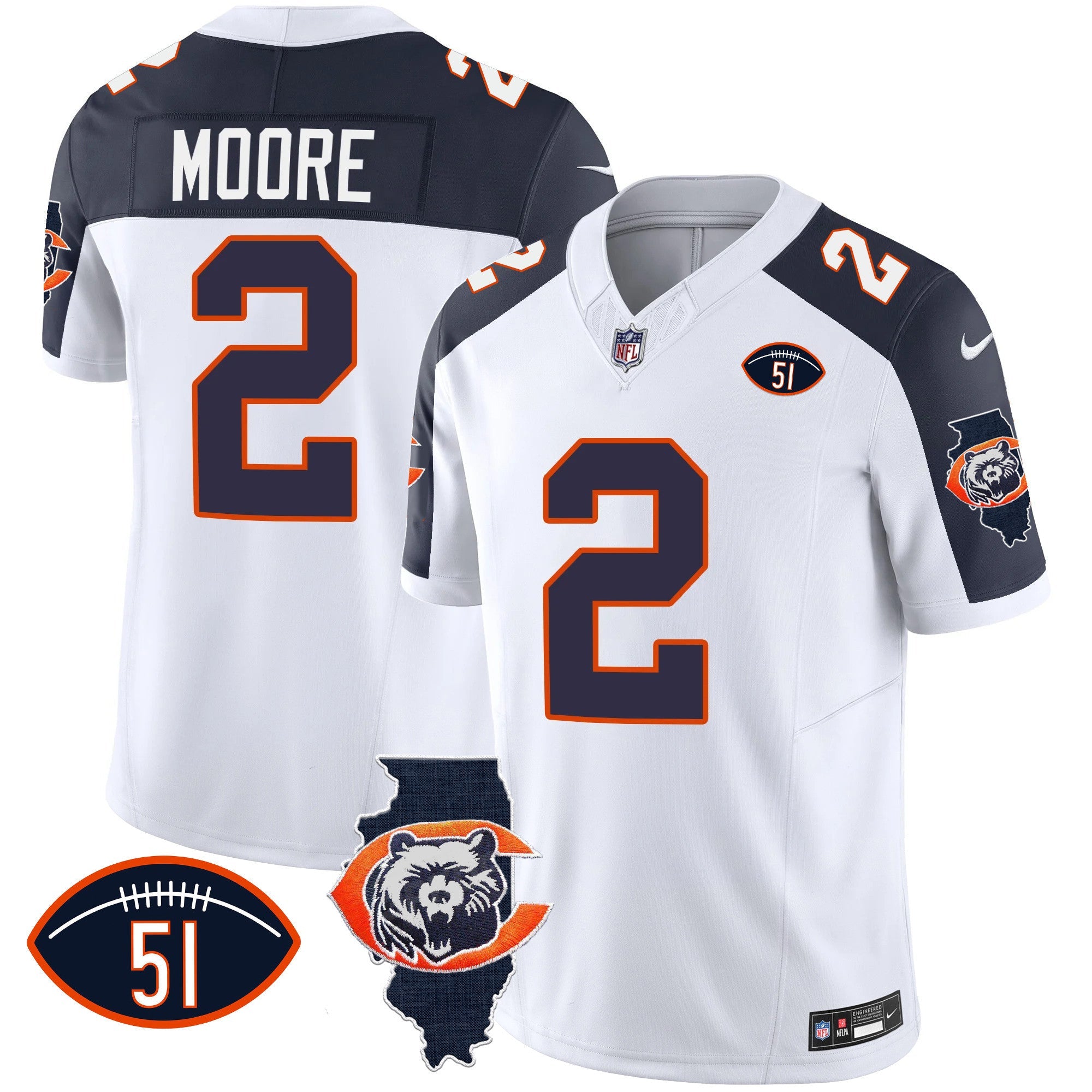 Hunk Wear - Bears Throwback Illinois Patch Vapor Jersey – All Stitched – Inverted – D.J. Moore Jersey