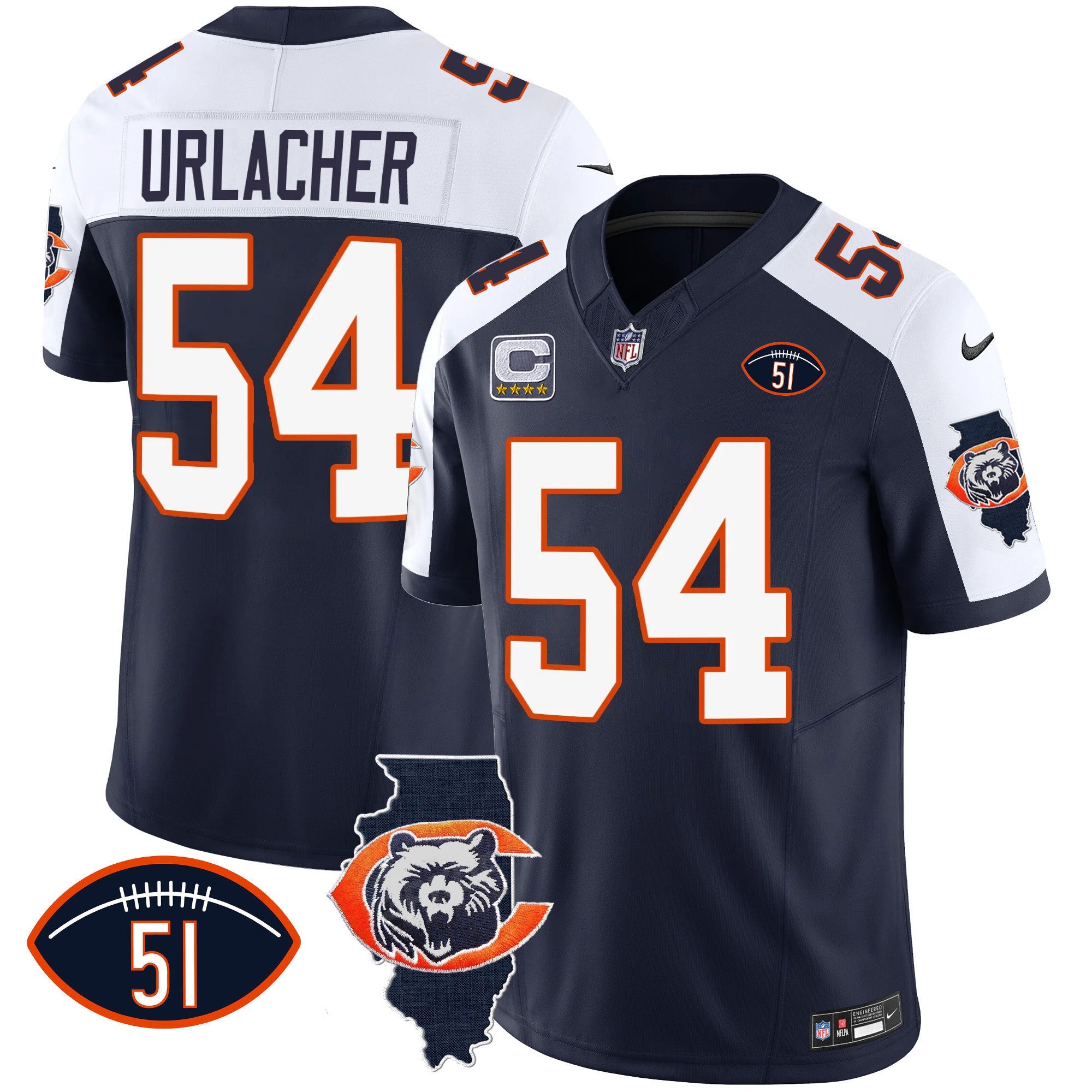 Hunk Wear - Bears Throwback Illinois Patch Vapor Jersey – All Stitched – Navy Alternate – Brian Urlacher Jersey