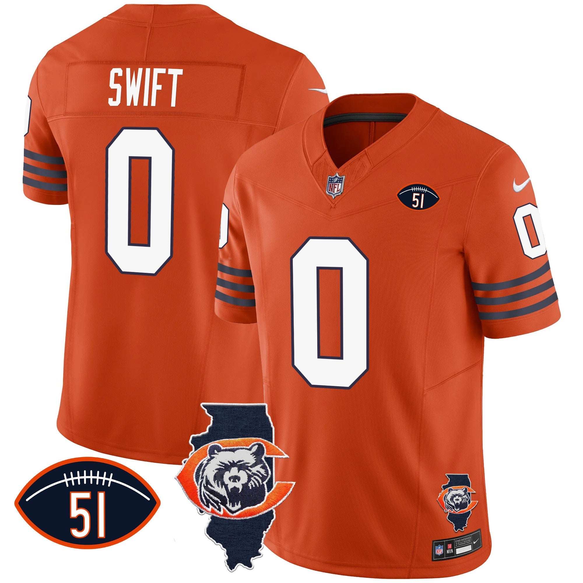 Hunk Wear - Bears Throwback Illinois Patch Vapor Jersey – All Stitched – Orange – D’Andre Swift Jersey